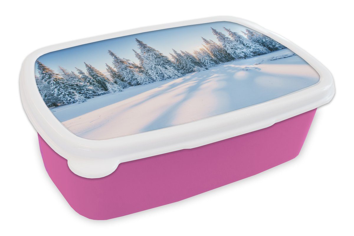 MuchoWow Lunchbox Schnee Mädchen, Kunststoff, - Snackbox, Brotdose Brotbox Kunststoff - Kinder, (2-tlg), Winter, rosa für Erwachsene, Wald