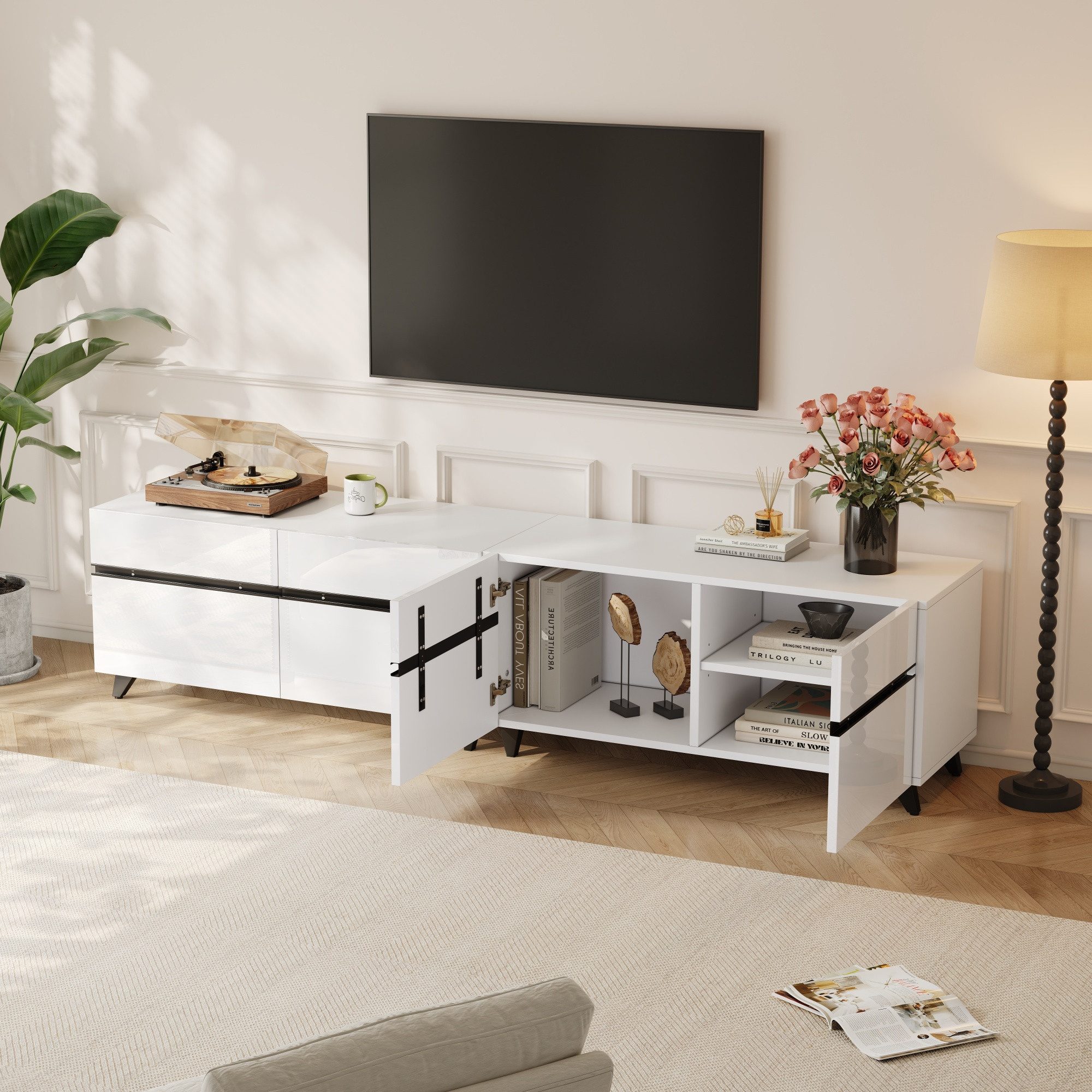 KLAM HOME Lowboard Hochglanz TV-Schrank Lowboard 180cm mit 4 Schränken (Stabiles Wohnzimmermöbel mit verstellbaren Trennwänden), Moderner Fernsehschrank für bis – Bild 4 von 5