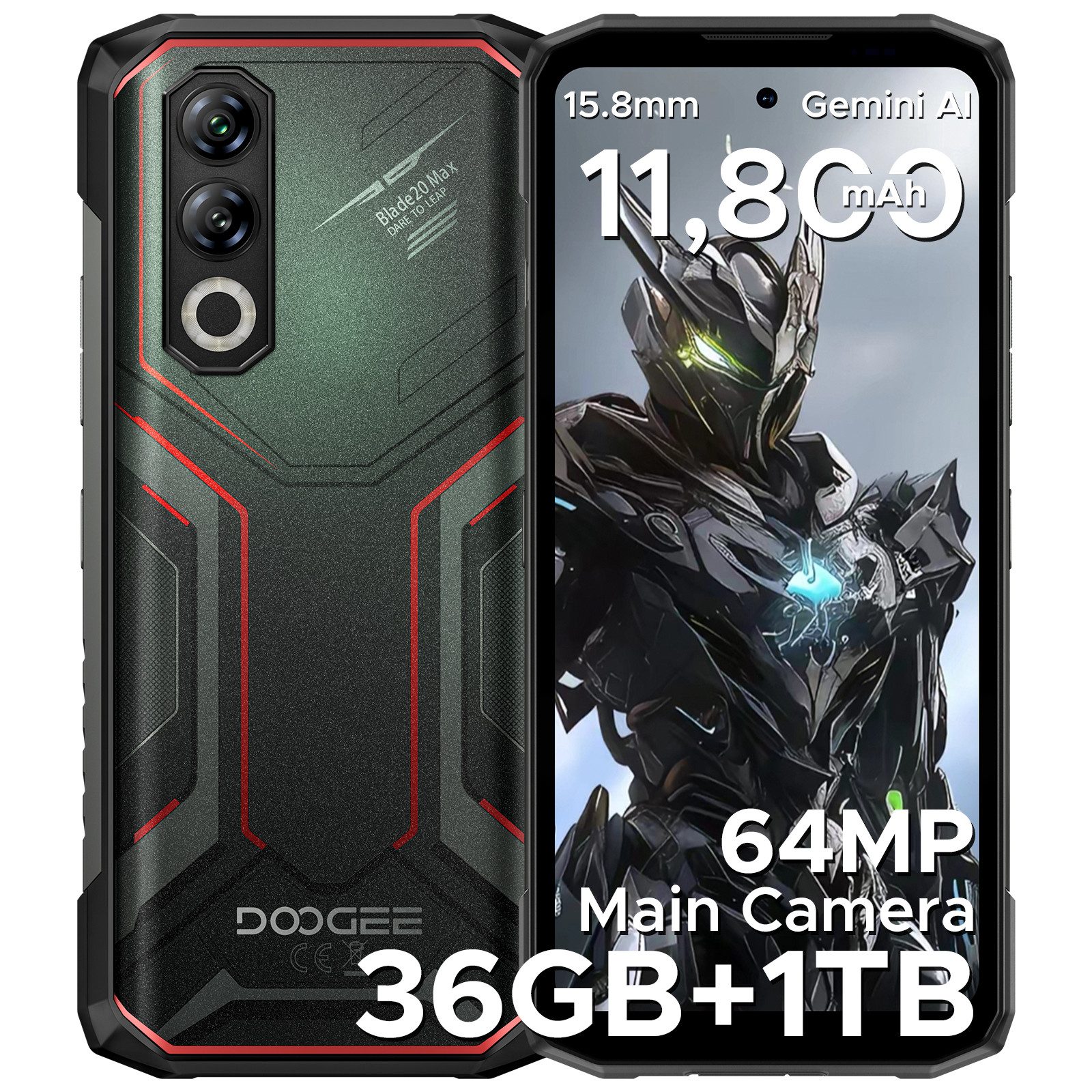 DOOGEE Blade 20 Max 11800 mAh/33W Outdoor Handy 32GB+1TB Android 15 Robustes Smartphone (16,8 cm/6.56 Zoll, 1000 GB Speicherplatz, 64 MP Kamera, 6.6 Zoll HD+ 120Hz Display Handy, 64 MP + 20 MP, wasserdichtes Telefon)