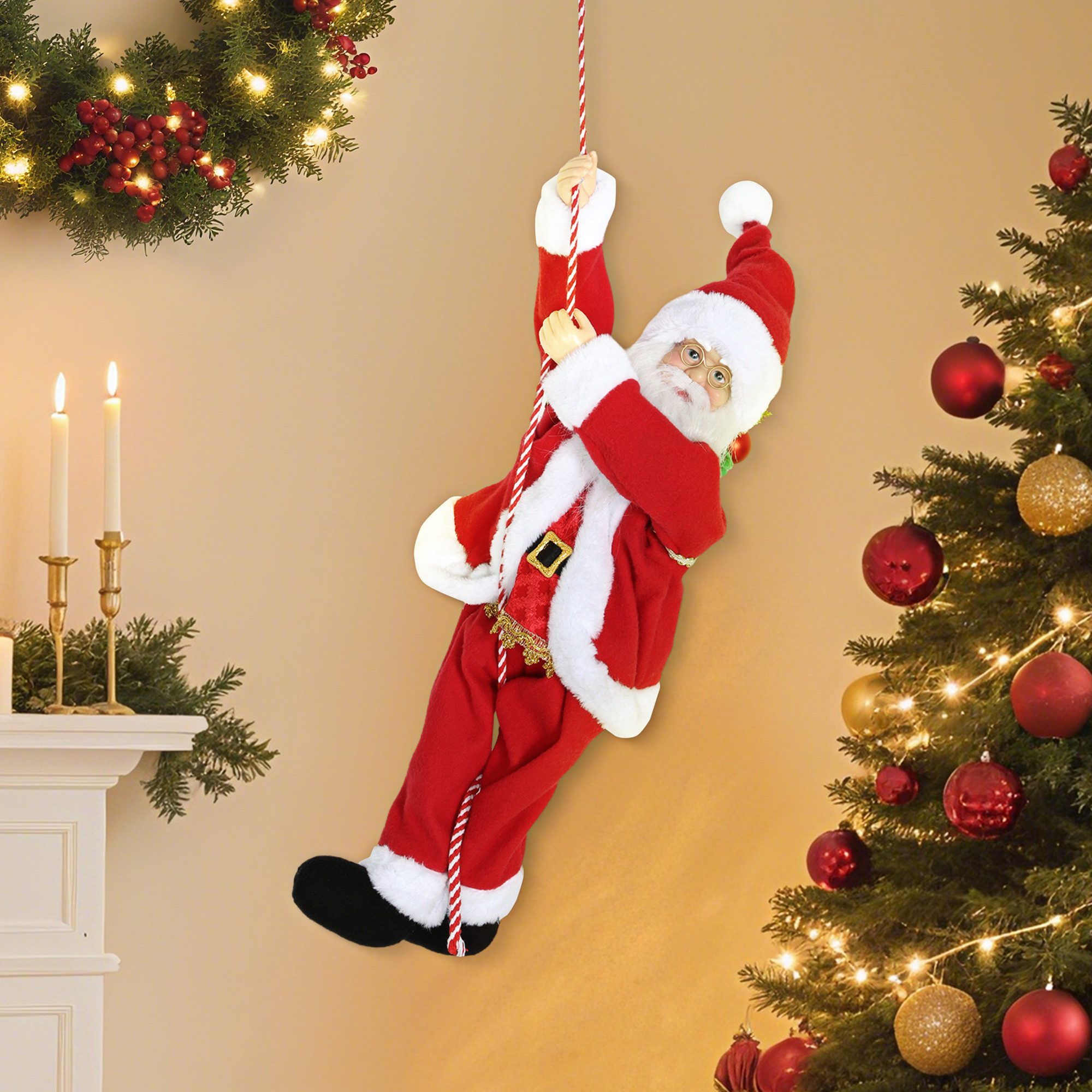 HOMCOM Weihnachtsmann Figur mit Seil, Dekofigur für Party Fenster Tisch Kamin Wand (60 cm, 1 St., klettert und wiegt sich zu Musik), Rot