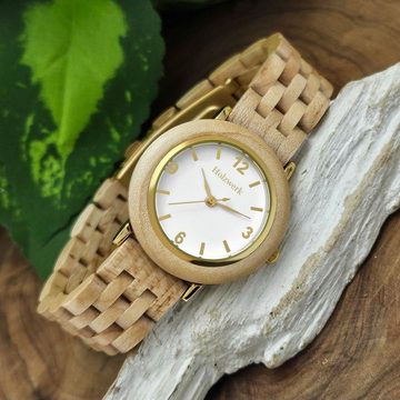 Holzwerk Quarzuhr FREITAL kleine Damen Edelstahl & Holz Armband Uhr, beige, weiß & gold