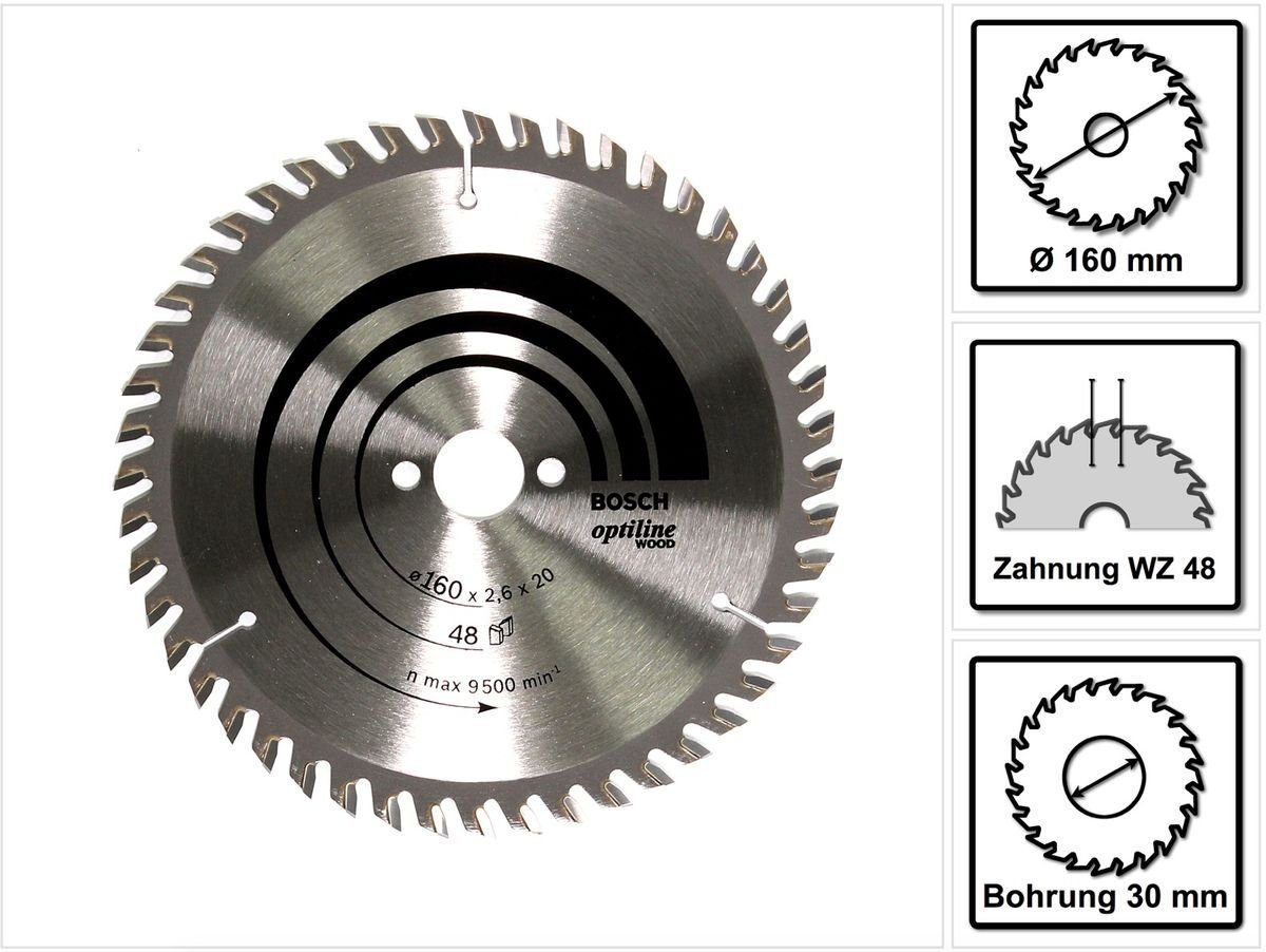 Optiline Professional mmZahnanzahl: für Bosch x 2,6 2,6 48Lochbohrungsstärke: mm 20/16 Durchmesser: mmSchnittbreite: Handkreissägen, 160 mm, 160 20 Wood 48, Kreissägeblatt x