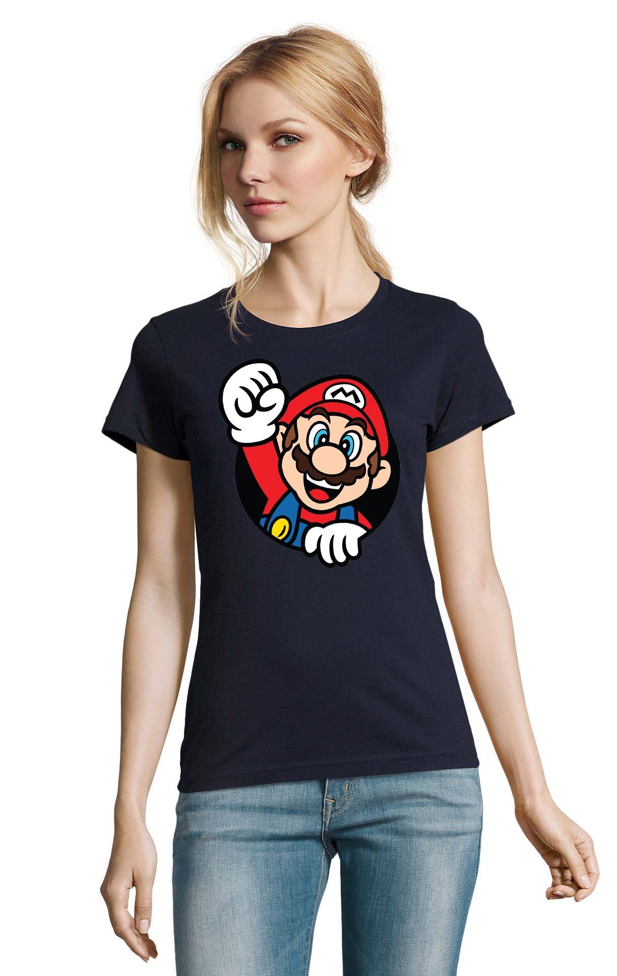 Nerd T-Shirt Gaming Mario Konsole Nintendo Super & Brownie Blondie Navyblau Faust Damen Spiel