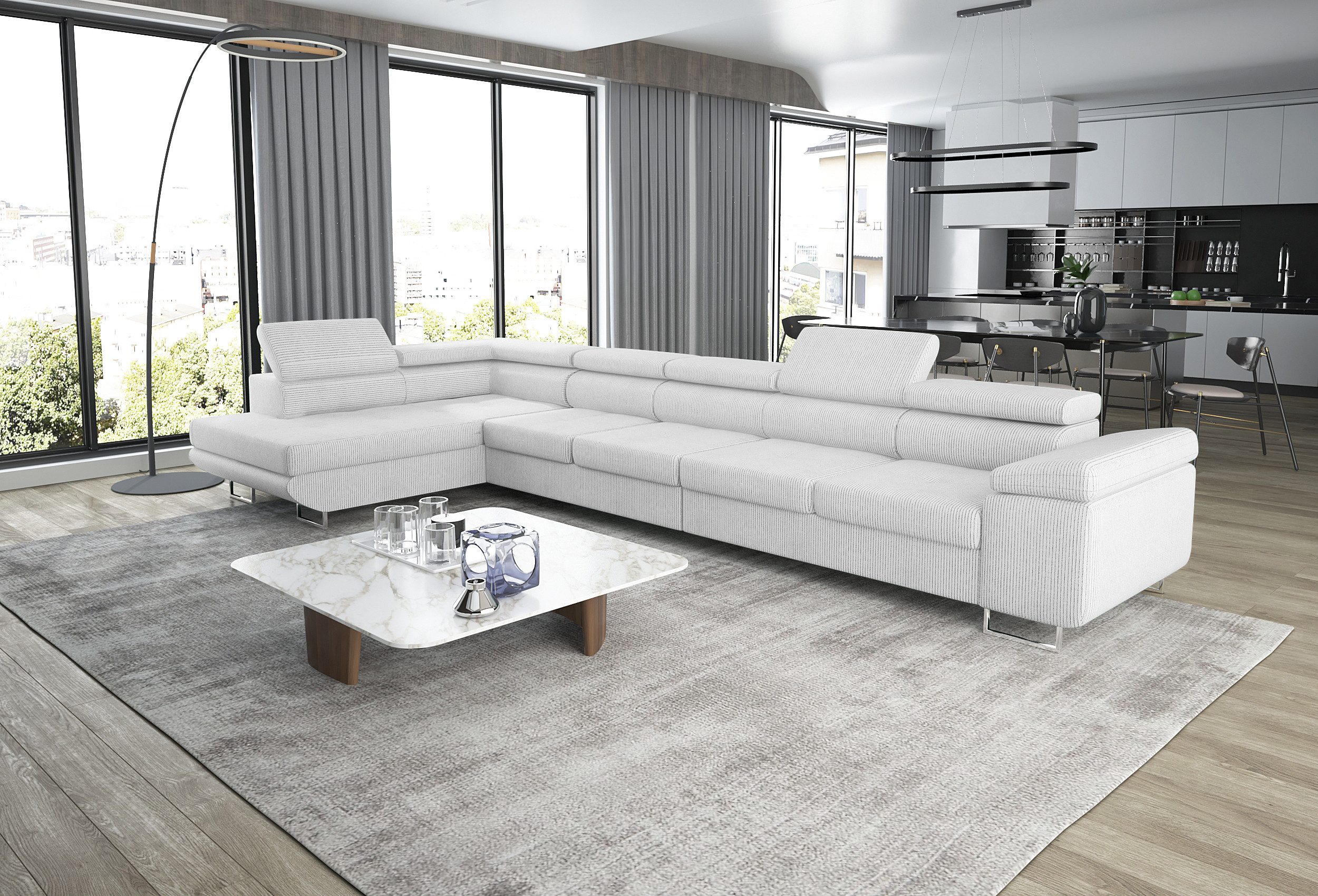 thematys Ecksofa ASTON MAXI 405 x 203cm mit Schlaffunktion & Bettkasten –, L-Sofa mit 5 verstellbaren Kopfstützen, Samt (Monolith), Cord (Poso) - L-Form, XL-Wohnlandschaft, 405 cm breit