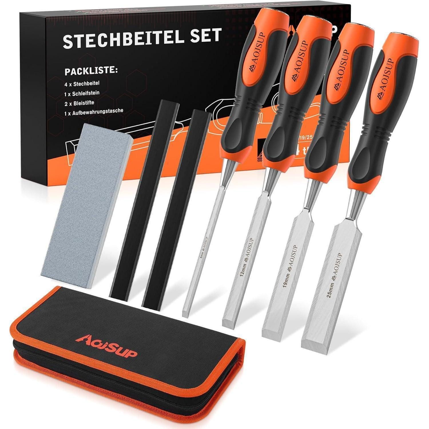 LuxusKollektion Stechbeitel Stechbeitel Set 6mm 12mm 19mm 25mm 4tlg. Stechbeitel mit Tasche