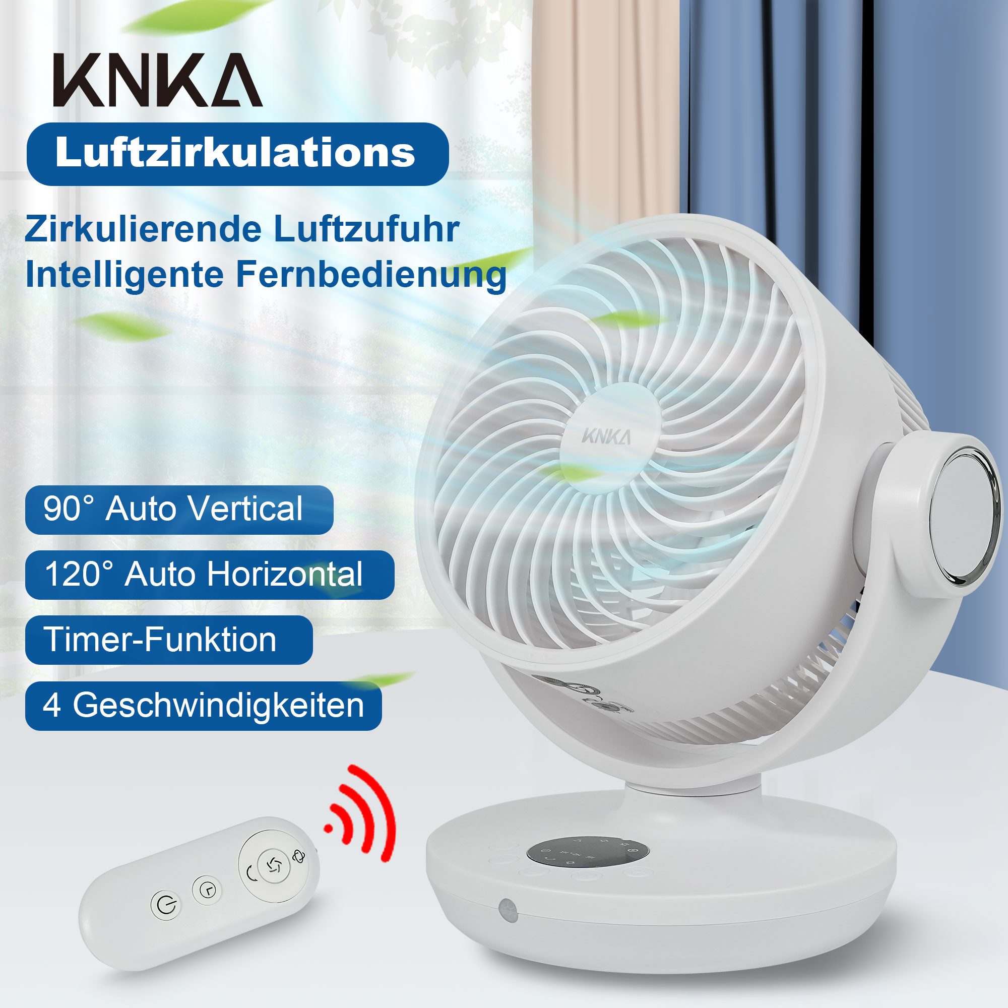KNKA Tischventilator, Ventilator Leise, mit Fernbedienung und Timer, Auto Oszillation, 6.5W