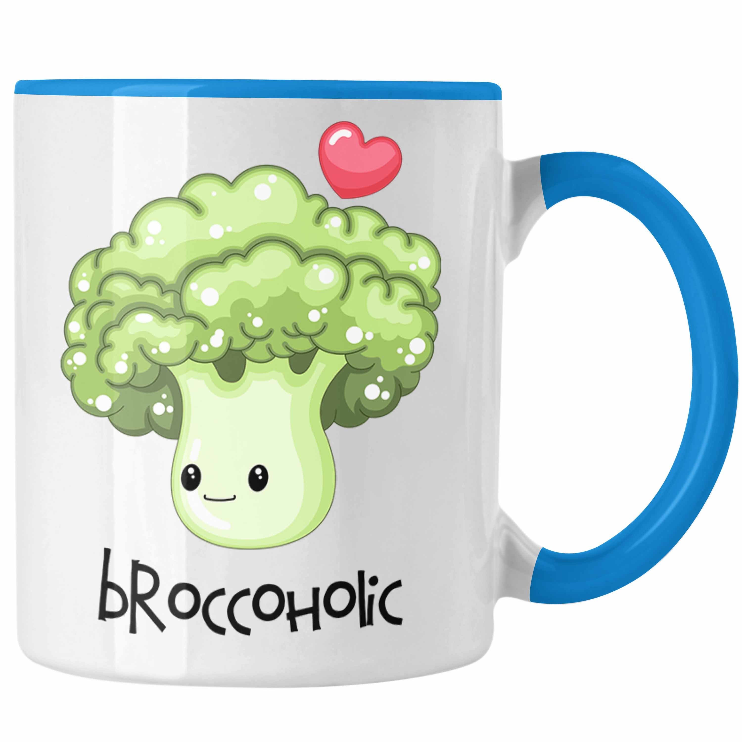 Trendation Tasse Lustige Broccoli-Tasse "Broccoholic" Witziges Geschenk für Gemüseliebh Blau