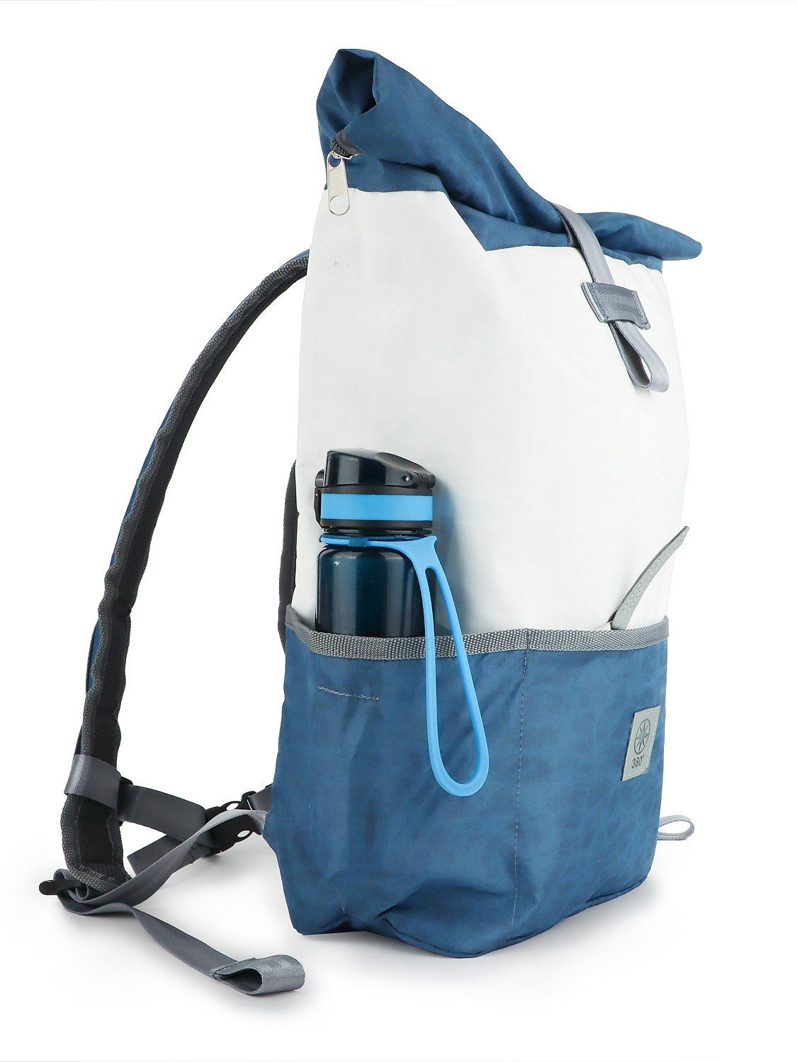 360Grad Rucksack Rucksack recyceltes Segeltuch Lotse Navy Weiß gepolstertes Laptopfach