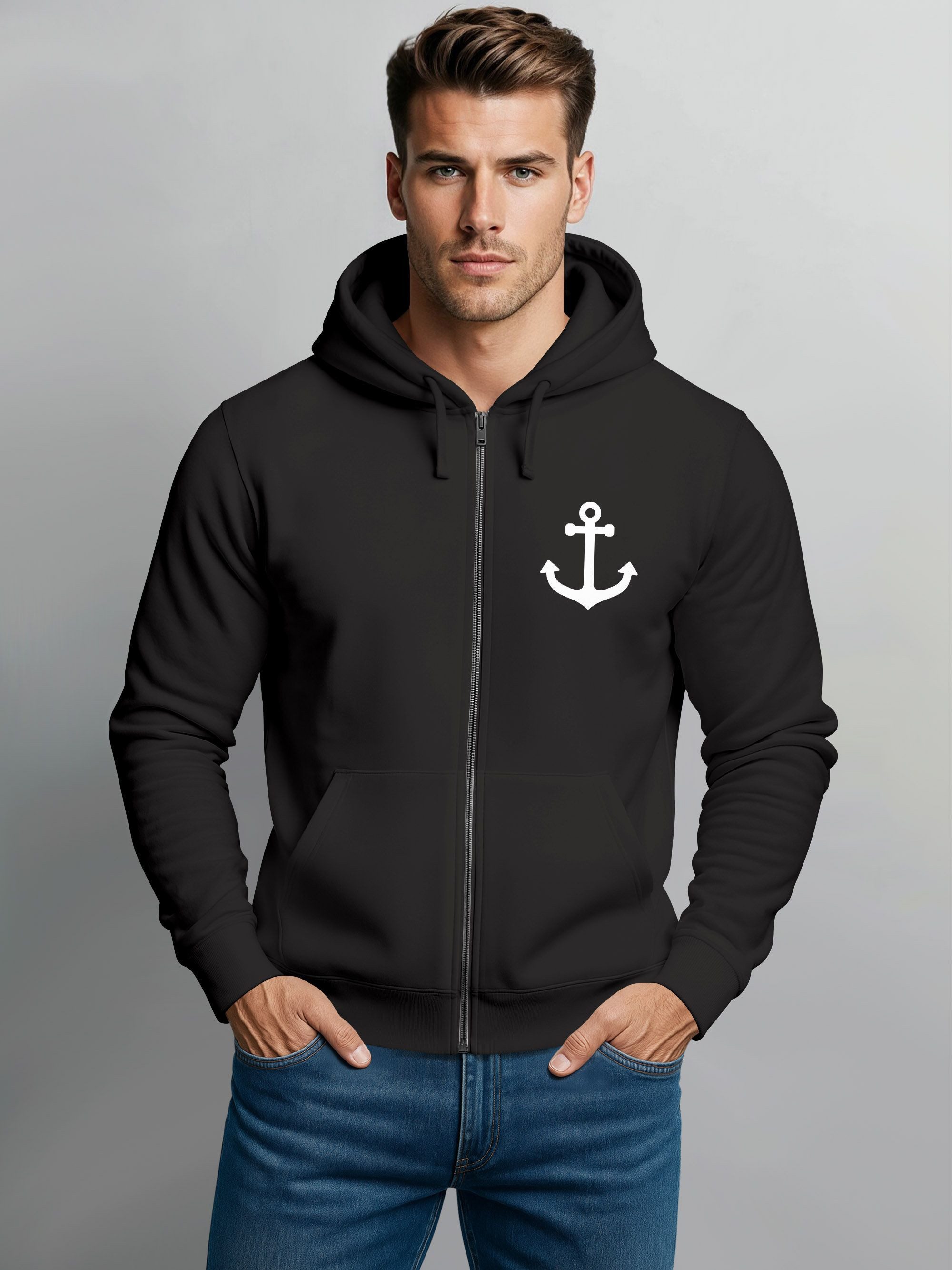 Neverless Sweatjacke Herren Sweatjacke mit Kapuze Print Aufdruck Anker Zipj günstig online kaufen