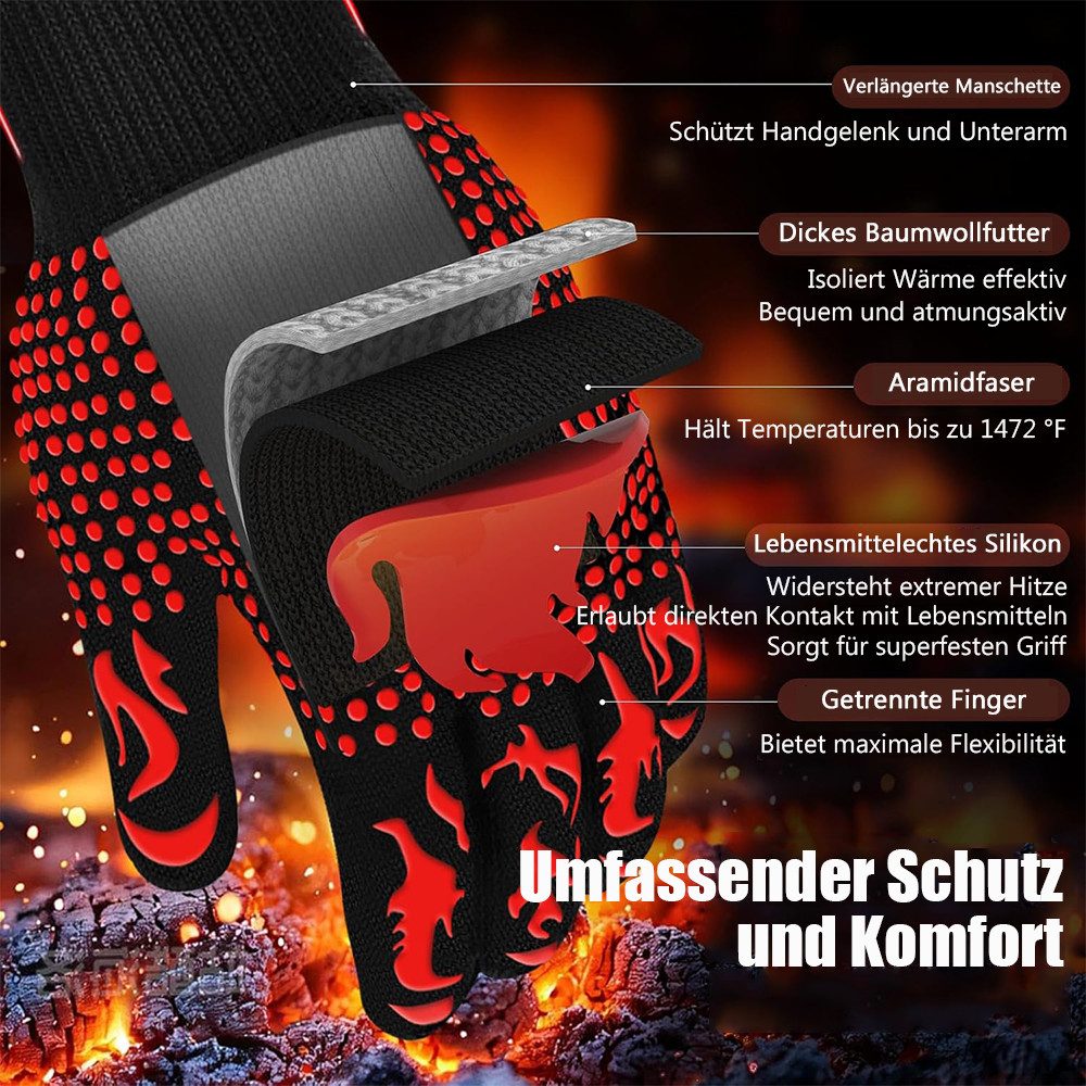 TUWENA Grillhandschuhe 2 Stück Grillhandschuhe, 800°C Extrem Hitzebeständige Handschuhe, (2-tlg), Waschbare Feuerfest Ofenhandschuhe, für Backen, Grillen, Kochen, BBQ