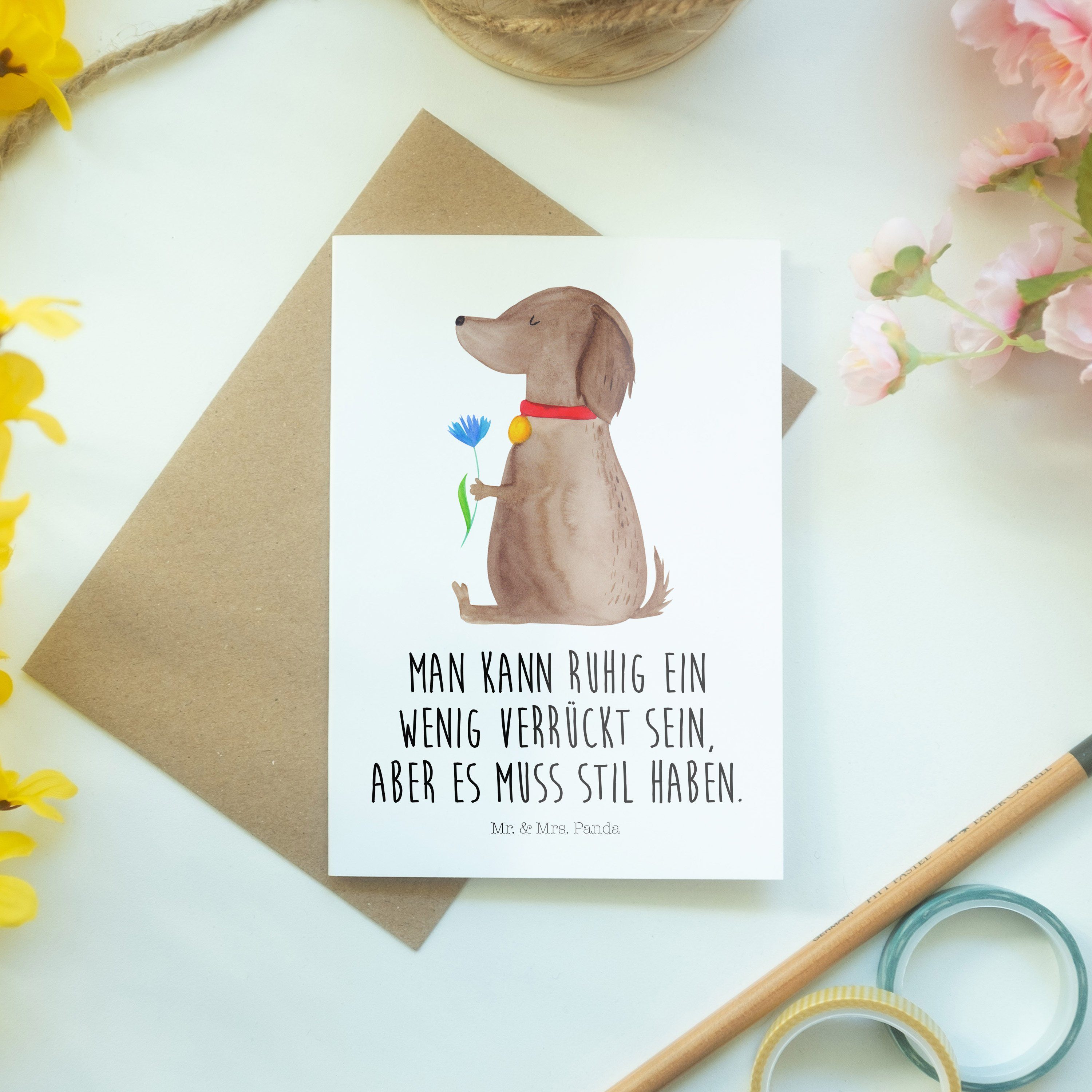 Mr. & Grußkarte Weiß Hundeliebe, Mrs. Hundespruch, - Hu Panda - Geschenk, Hund Blume Klappkarte