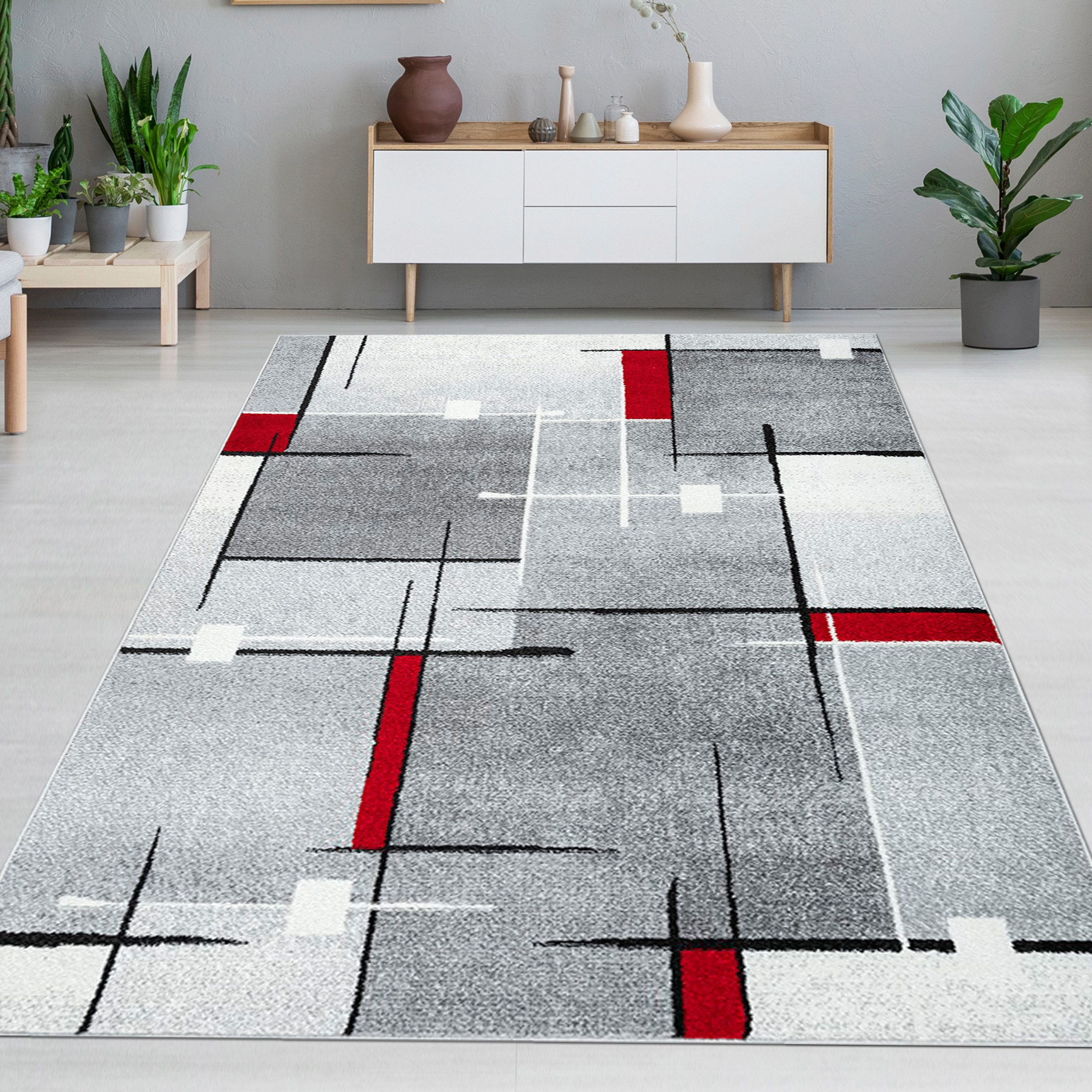 Carpetia Teppich Designerteppich mit grafischem Muster – Grau, Rot & Weiß, günstig online kaufen