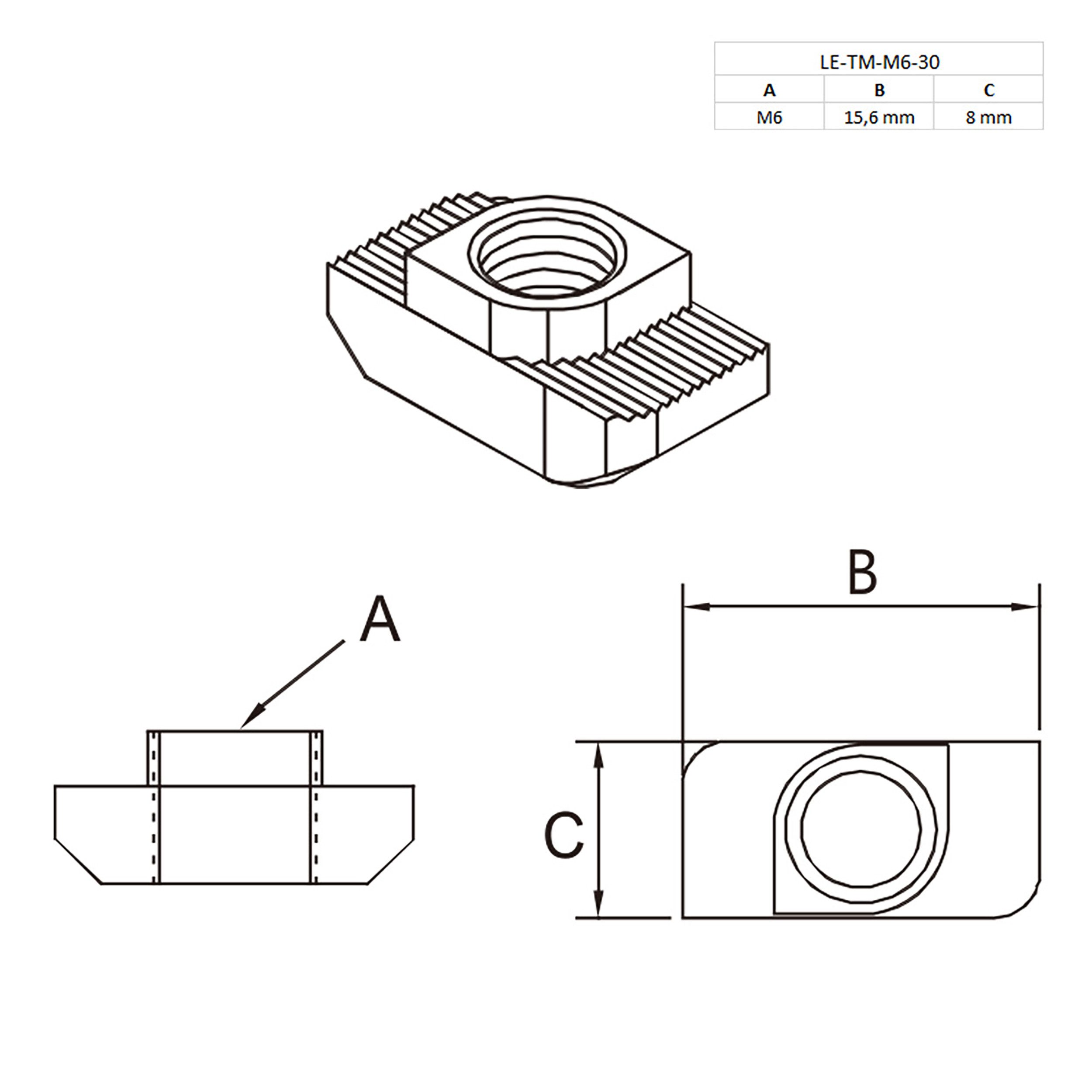 KLAK Profil K30 - Hammermutter Nutenstein M6 Nut 8 für Aluprofil 30-er (1-St)