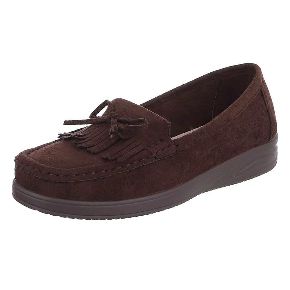 Ital-Design Eleganter Fransen-Schuh für Damen mit hohem Tragekomfort Slipper (91409696) Keilabsatz/Wedge Mokassins in Braun