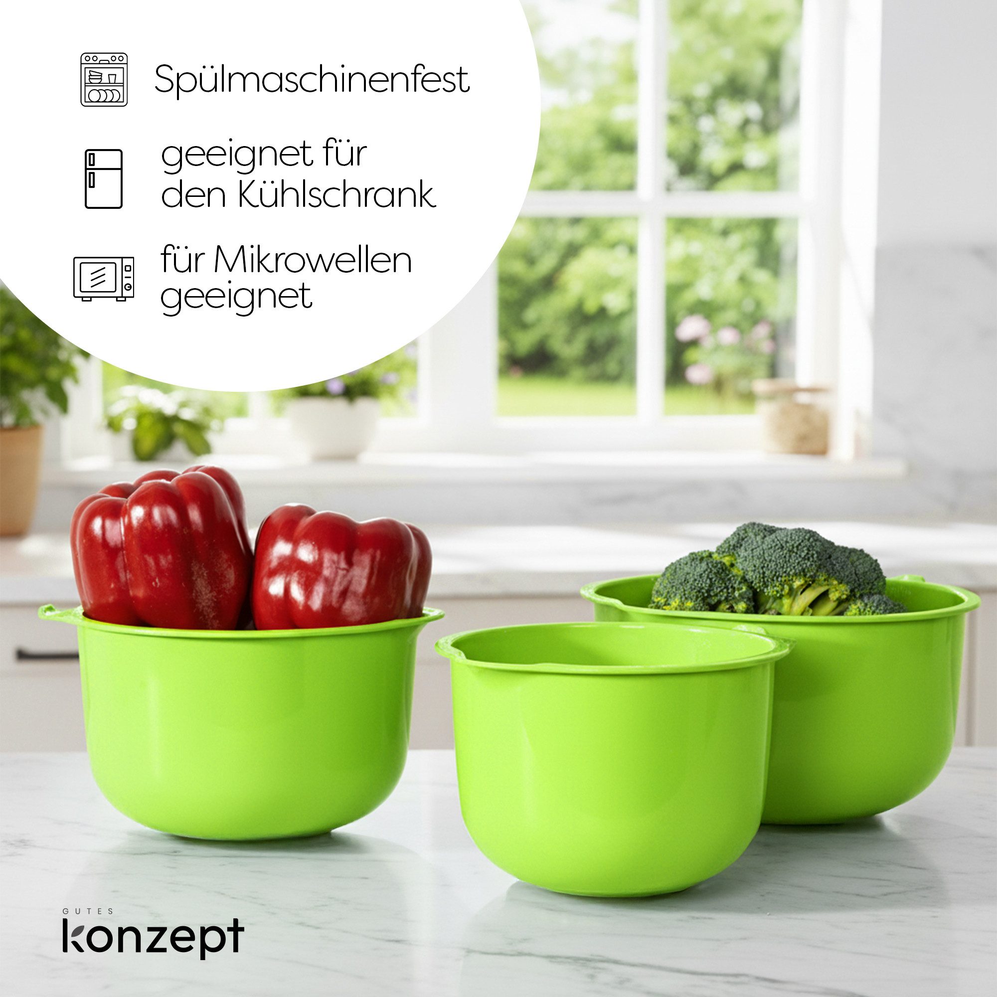 KONZEPT Rührschüssel Set 3-teilig aus Kunststoff – mit Ausgießer, anti-Rutsch-Boden, spülmaschinengeeignet,platzsparende Aufbewahrung – Bild 4 von 5