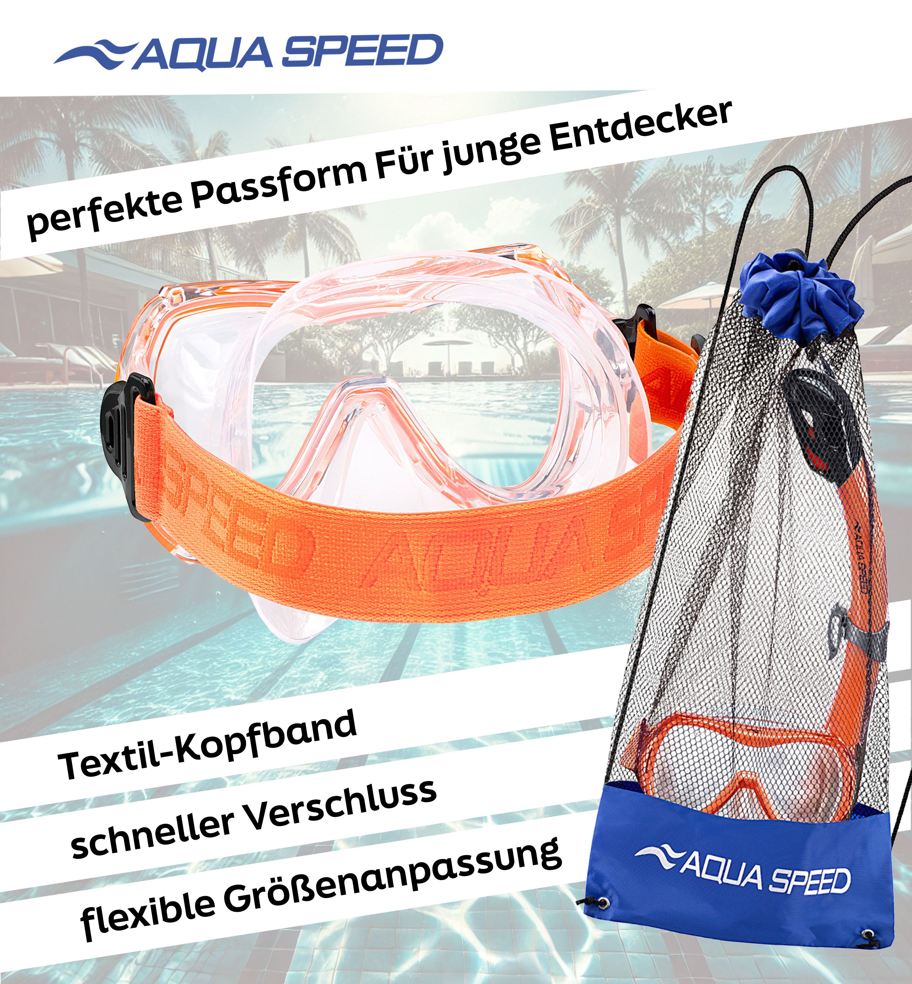 Aqua Speed Schnorchel Schnorchelset ALIZE + SAMOS Tauchmaske für Kinder, mit Netzbeutel (Kinderschnorchelset mit Maske und Schnorchel im Netzbeutel), EASY-ADJUST Kopfband für sicheren und bequemen Sitz
