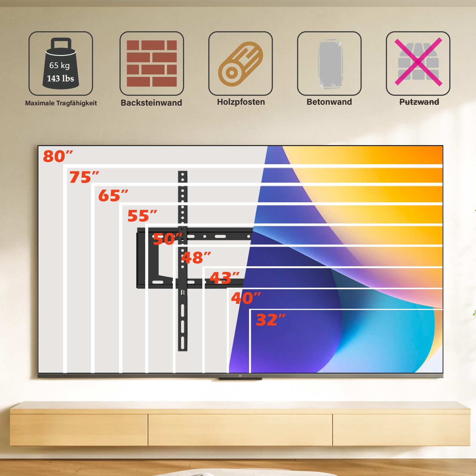 muchen TV-Wandhalterung TV Wandhalterung für 80" 75" 65" 55" 43" LCD LED Fernseher bis zu 65kg, (bis 80,00 Zoll, Set, Für TCL LG SAMSUNG TOSHIBA PHILIPS HISENSE Fernseher, Für Fernseher 32-80 Zoll)