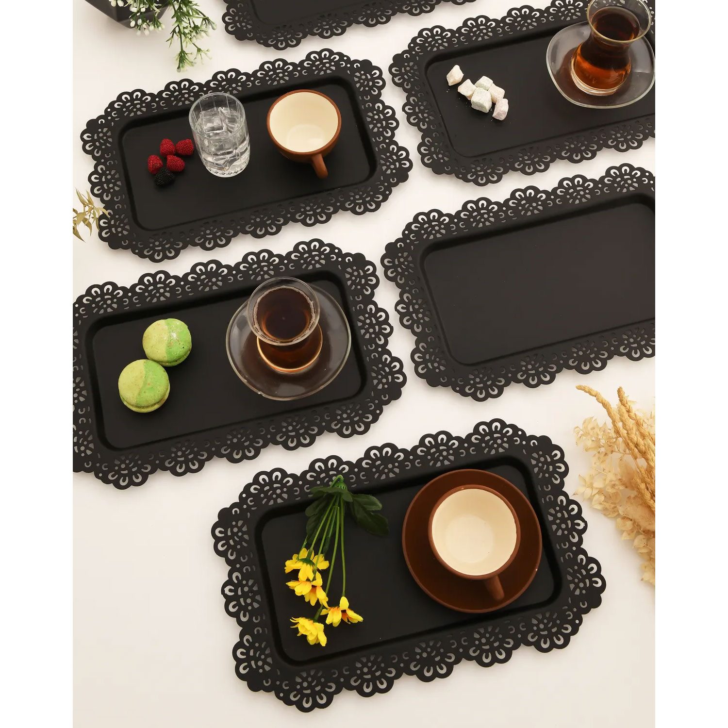 Jungengel Tablett 6x Set Serviertablett Servierplatte Schwarz Matt Teetablett, Metall, (6-tlg), Spitzenverzierter Serviertablett-Satz, Metall, Vintage Design