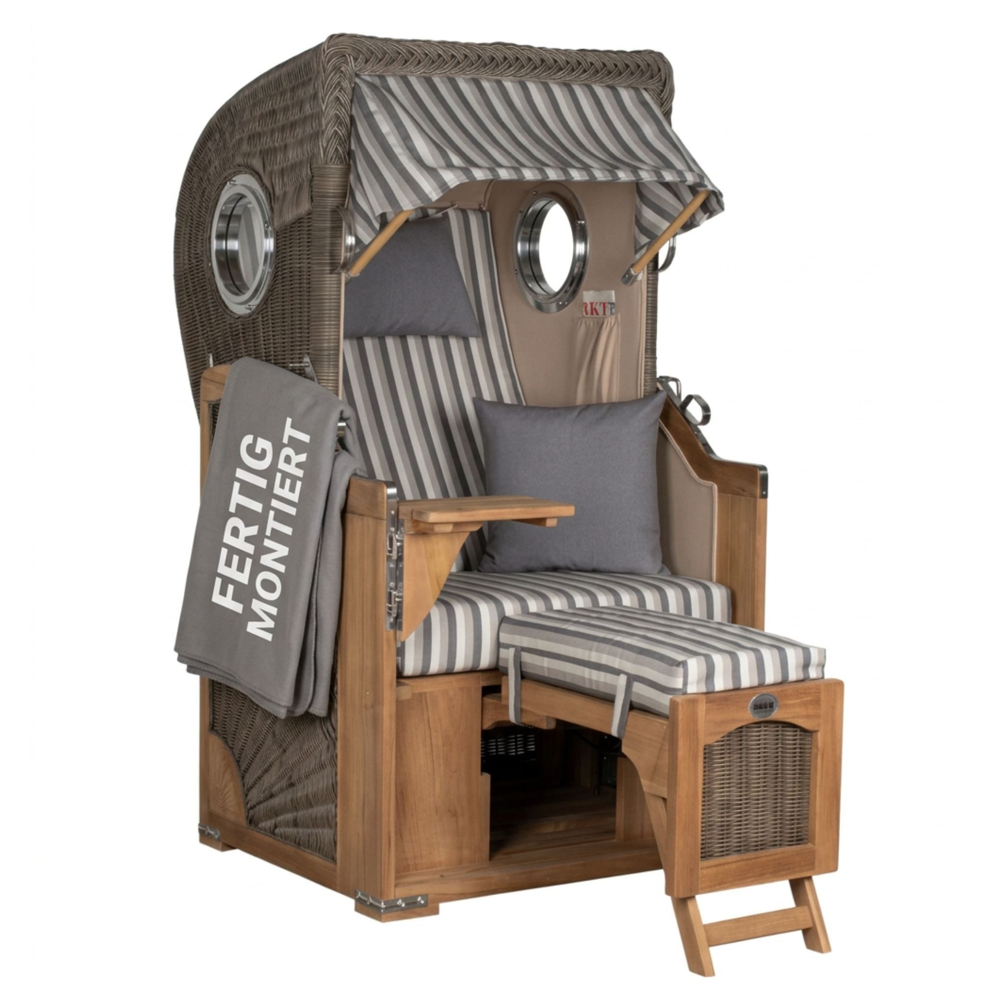 MR.DEKO Strandkorb Düne Single 1-Sitzer Bullauge Teak PE-Geflecht Grey 96x165x80, BxTxH: 96x80x165 cm, Vollieger, Düne Single, (Fertig montierter Strandkorb für Garten, Terrasse & Balkon, 1-tlg), Wetterfester Volllieger mit Edelstahlbeschlägen & waschbaren Polstern