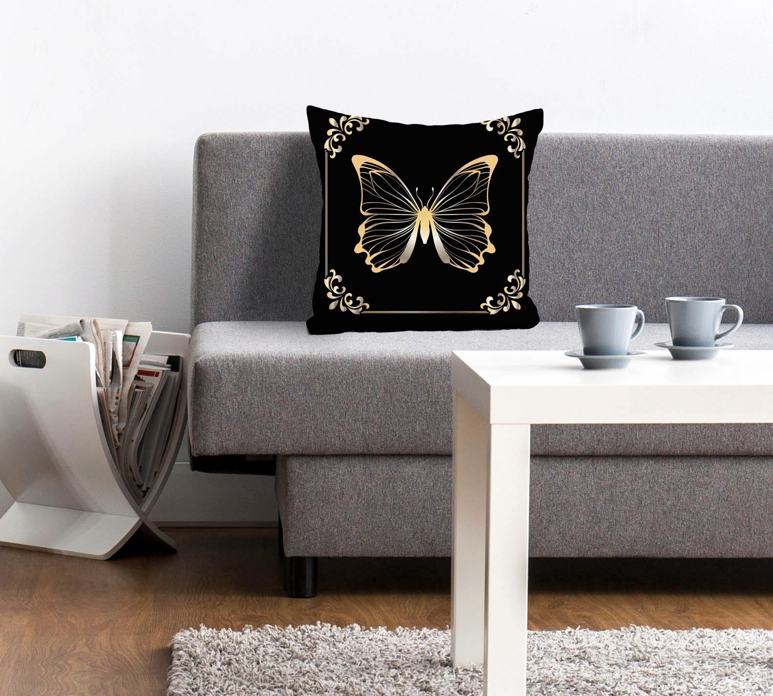 queence Dekokissen Pascal, Kissenhülle,Schwarzer Hintergrund,Goldener Schmetterling,Eleganz