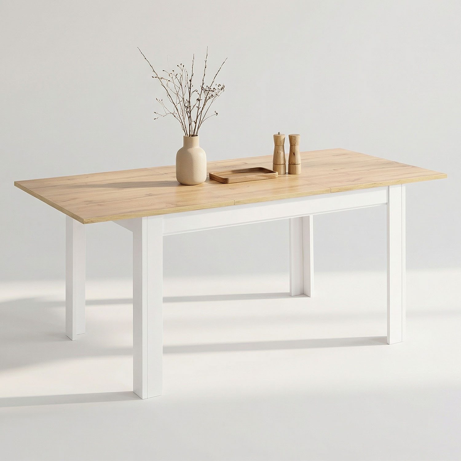 Homestyle4u Esstisch Esszimmertisch 86x135 bis 86x186 ausziehbar Holztisch Küchentisch Weiß, Esszimmertisch, Platte Wotan Eiche Optik