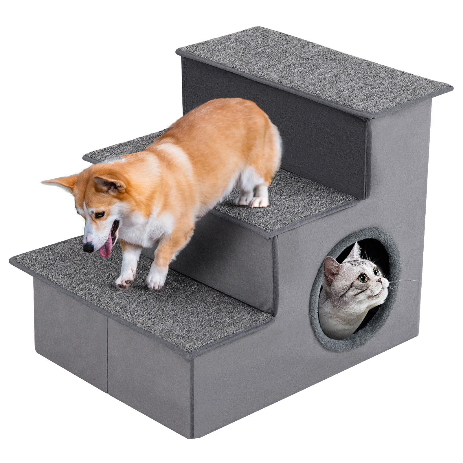 COSTWAY Haustiertreppe, 3 Stufen Hundetreppe mit Katzenhaus & Stauraum günstig online kaufen