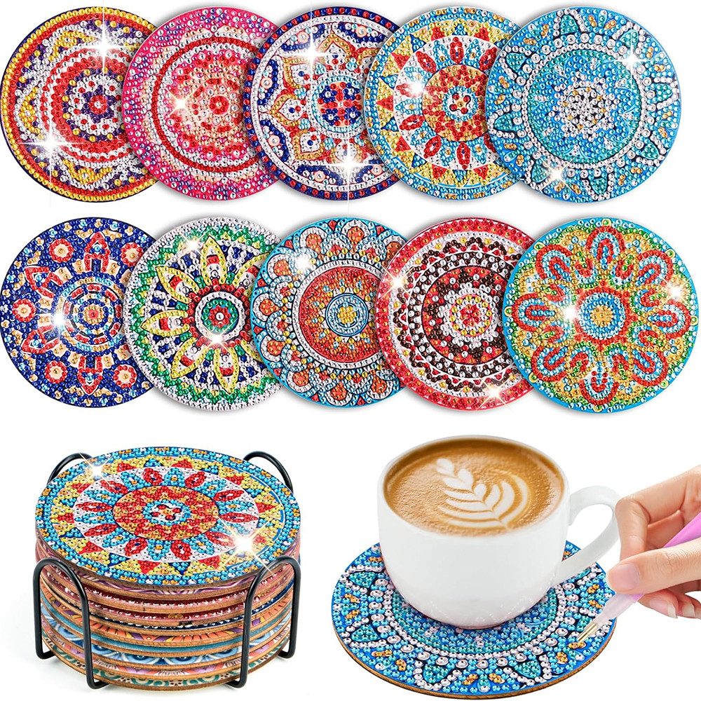 Coonoor Getränkeuntersetzer 10 STK Diamond Painting Untersetzer Mit Halter, für Anfänger, Erwachsene & Kinder, 10-tlg., DIY Mandala Diamant Tassenuntersetzer