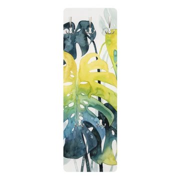 Bilderdepot24 Garderobenpaneel gelb Blumen Floral Botanik Aquarell Tropisches Blattwerk Monstera (ausgefallenes Flur Wandpaneel mit Garderobenhaken Kleiderhaken hängend), moderne Wandgarderobe - Flurgarderobe im schmalen Hakenpaneel Design