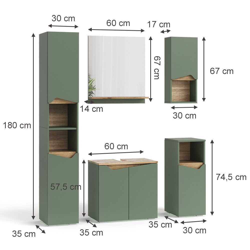 Vicco Badmöbel-Set Marelle, Grün/Artisan, 5 Teile, (5-St., 5er Set)