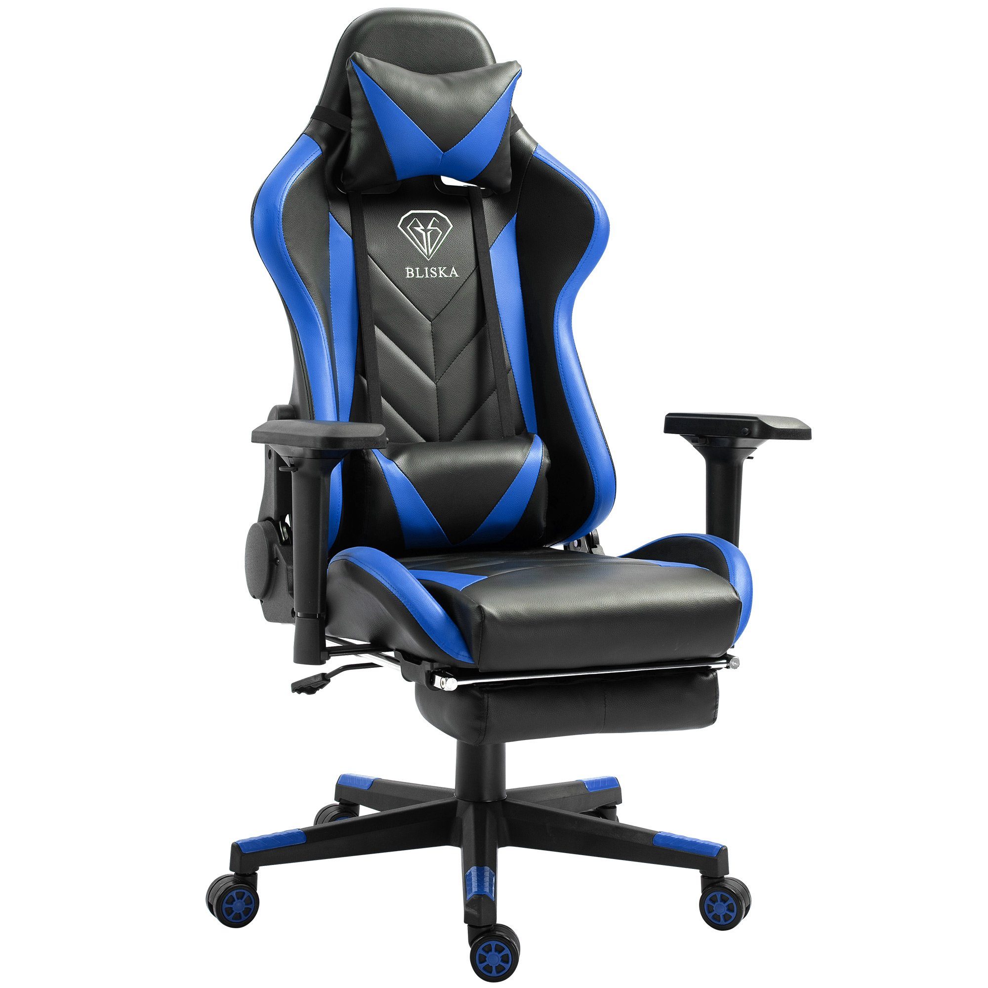 TRISENS Chefsessel Leo (1 Stück), Gaming Stuhl mit Fußstütze und 4D-Armlehnen gaming chair in Lederoptik Schwarz/Blau