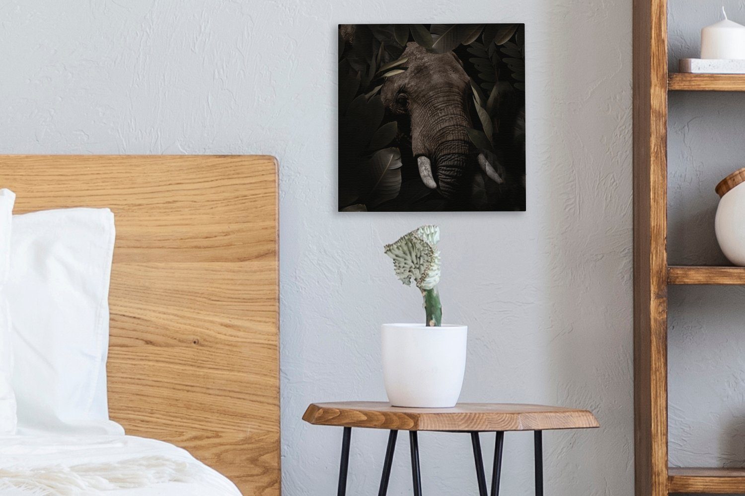 OneMillionCanvasses® Leinwandbild Elefant Blätter Schlafzimmer - - für (1 Tiere St), Leinwand Wohnzimmer Botanisch, Bilder 
