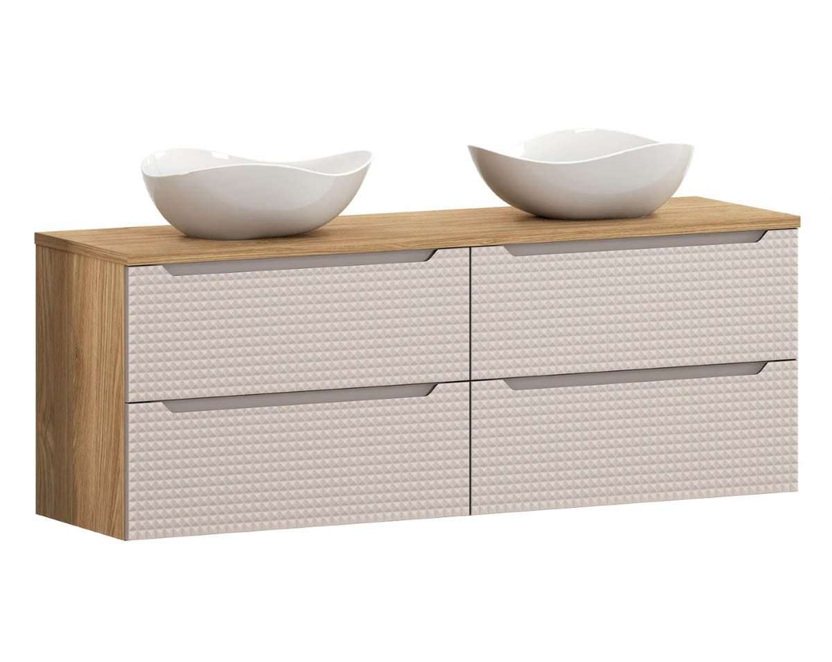 einfachgutemoebel Waschtisch-Set Bad Waschplatz LUX Achat 160cm Schubladen, Becken Cloud, beige-oak, (Badmöbel Set, 1-St., Waschtisch Unterschrank)
