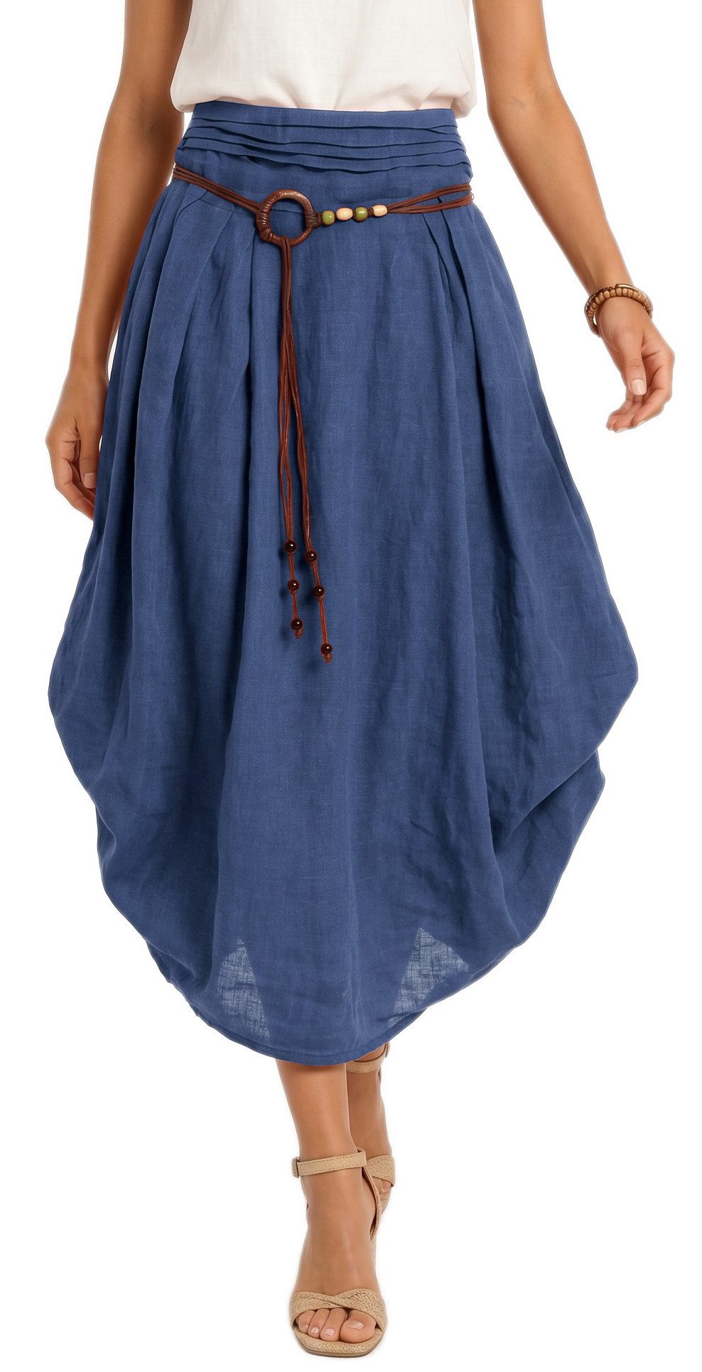 dy_mode Ballonrock Damen Leinenrock Midi Ballonrock Sommerrock Midirock in Unifarbe, mit Teil-Gummibund, Variabler 2-in-1 Look