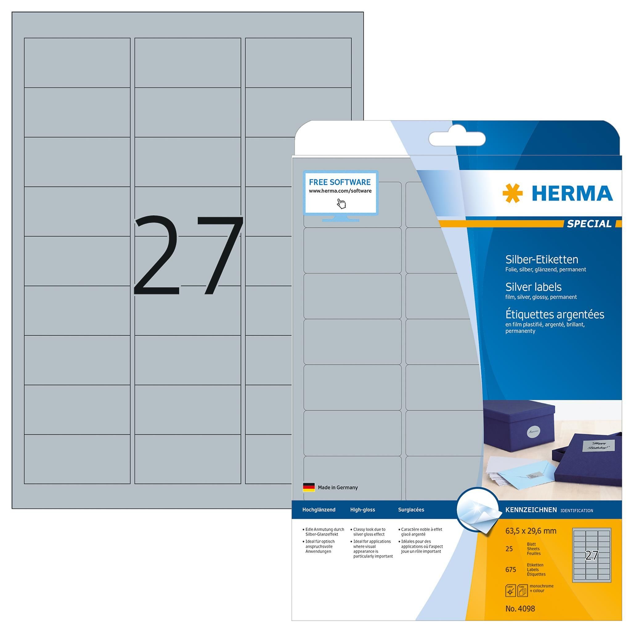 HERMA Etikett Herma Etiketten permanent haftend 63,5 x 29,6 mm Folie silber