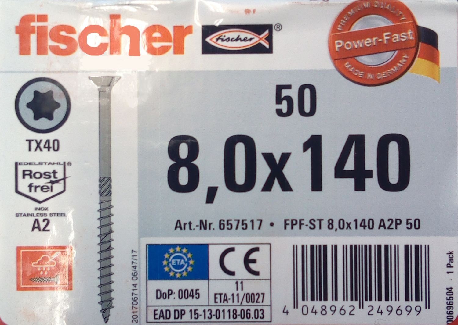 TX Fischer (50 50x Fast A2 Schraube Befestigungstechnik 8,0x140 St) Power Spanplattenschrauben fischer Senkkopf Tei,
