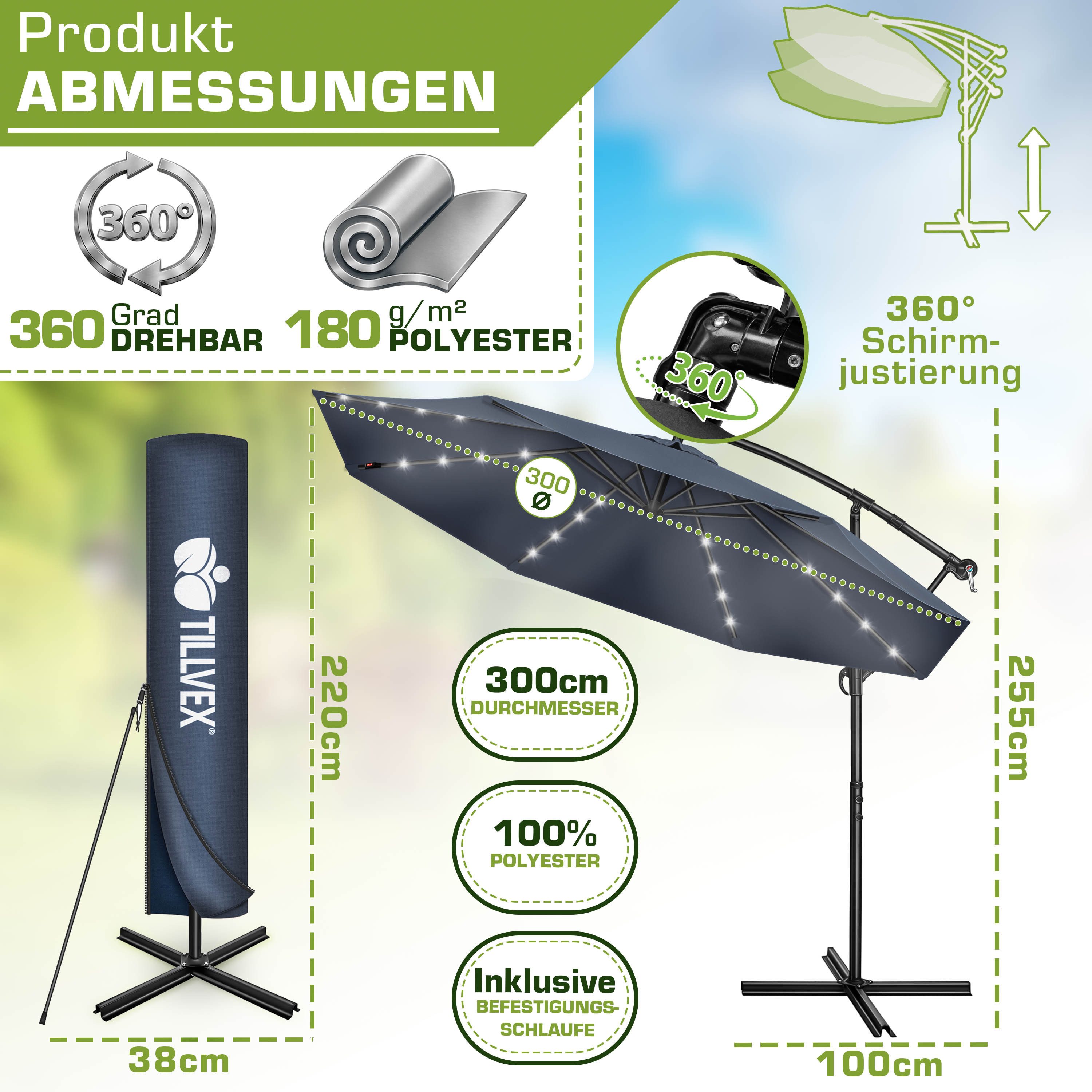 tillvex Sonnenschirm tillvex® Sonnenschirm LED Solar Ø 3m Ampelschirm Balkon Gartenschirm, Alu Ampelschirm + Abdeckung LED Solar Ø 350 cm mit Kurbel, Abdeckung  – Bild 2 von 5
