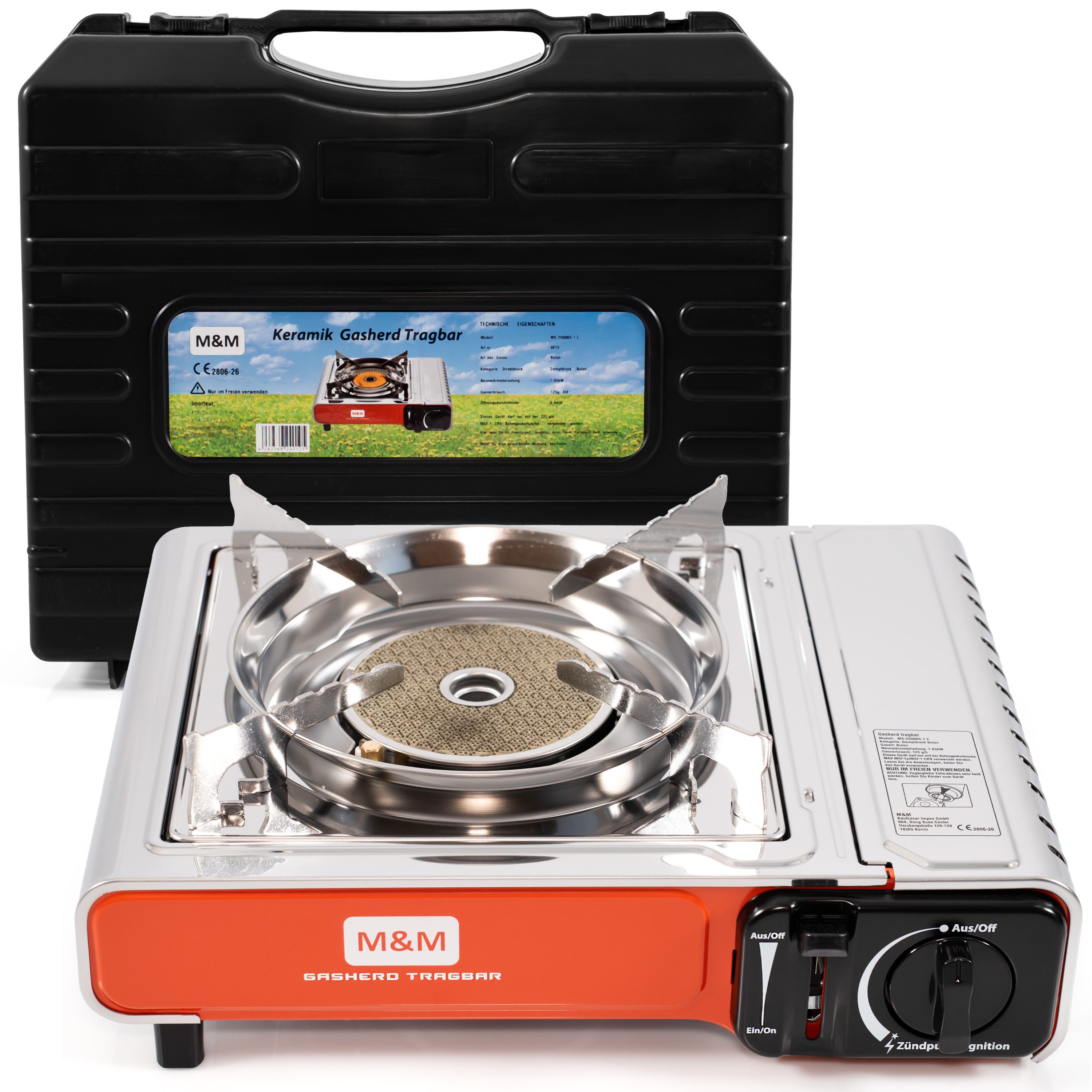TruWare Gaskocher Camping Gaskocher Edelstahl mit Keramik Brennerkopf, (Windschutz, inkl. Transportkoffer, mit Gaskartuschen, ohne offene Flamme, Piezozündung)