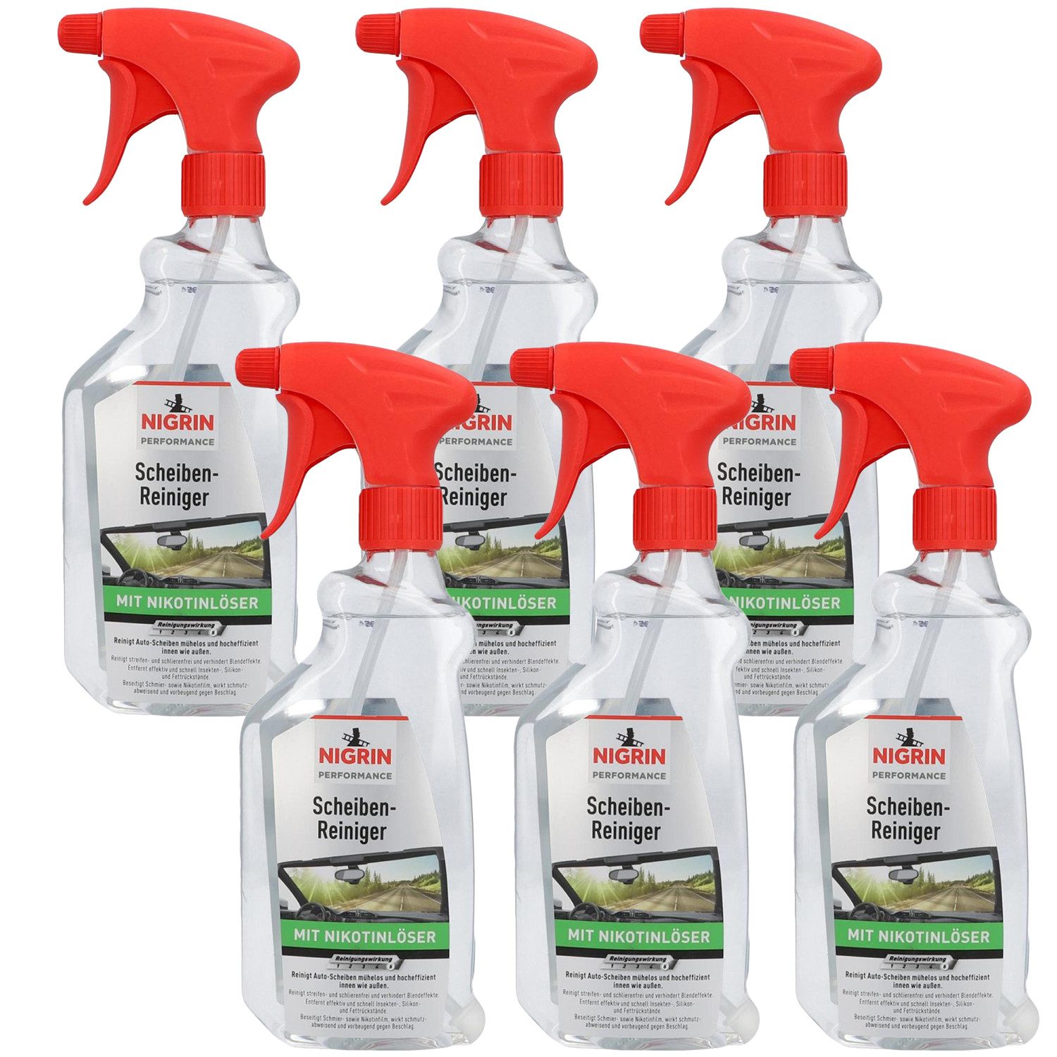 NIGRIN 6x Scheiben-Reiniger 500ml Glas-Reiniger Reinigung Scheibenreiniger (6-St. 6x 500ml Sprühflasche Nikotinlöser Spray Glas-Reiniger Blendfreie Sicht Insekten-Entferner)