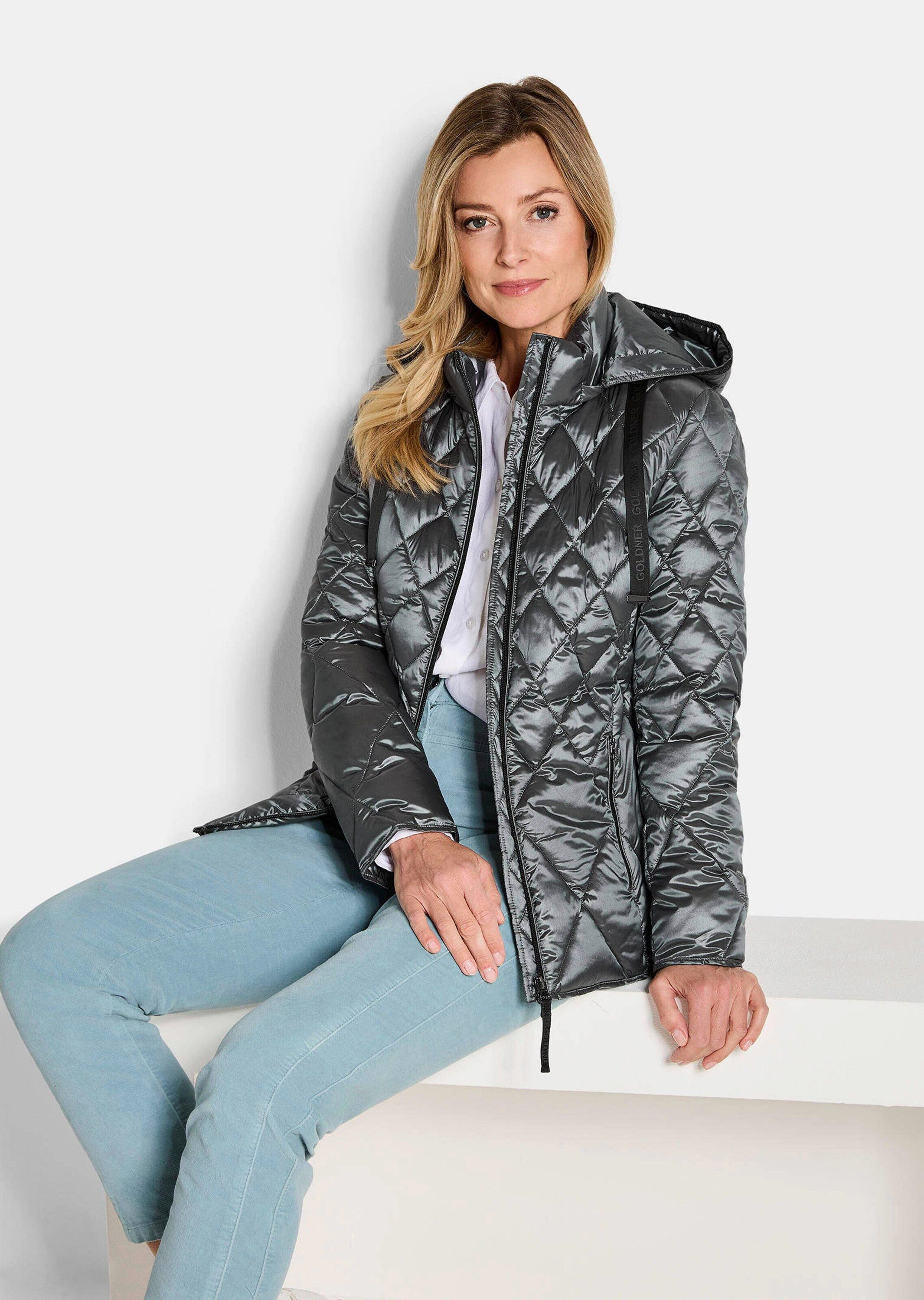 GOLDNER Outdoorjacke Kurzgröße: Winterjacke mit Metallic-Glanz Kapuzenjacke mit Stehkragen, 2-Wege-Reißverschluss und Langarm