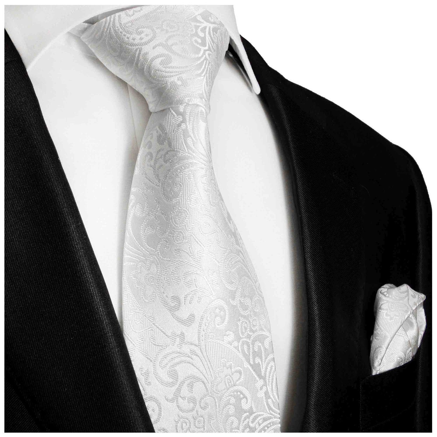 Paul Malone Krawatte Herren Seidenkrawatte mit Tuch modern Hochzeit floral  100% Seide (Set, 2-St., Krawatte mit Einstecktuch) Schmal (6cm), weiß 946