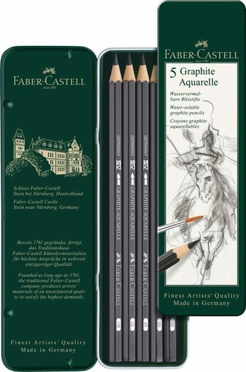 Zeichenkohle wasservermalbar, Aquarelle Faber-Castell 5 (5-tlg) Graphite Bleistifte,