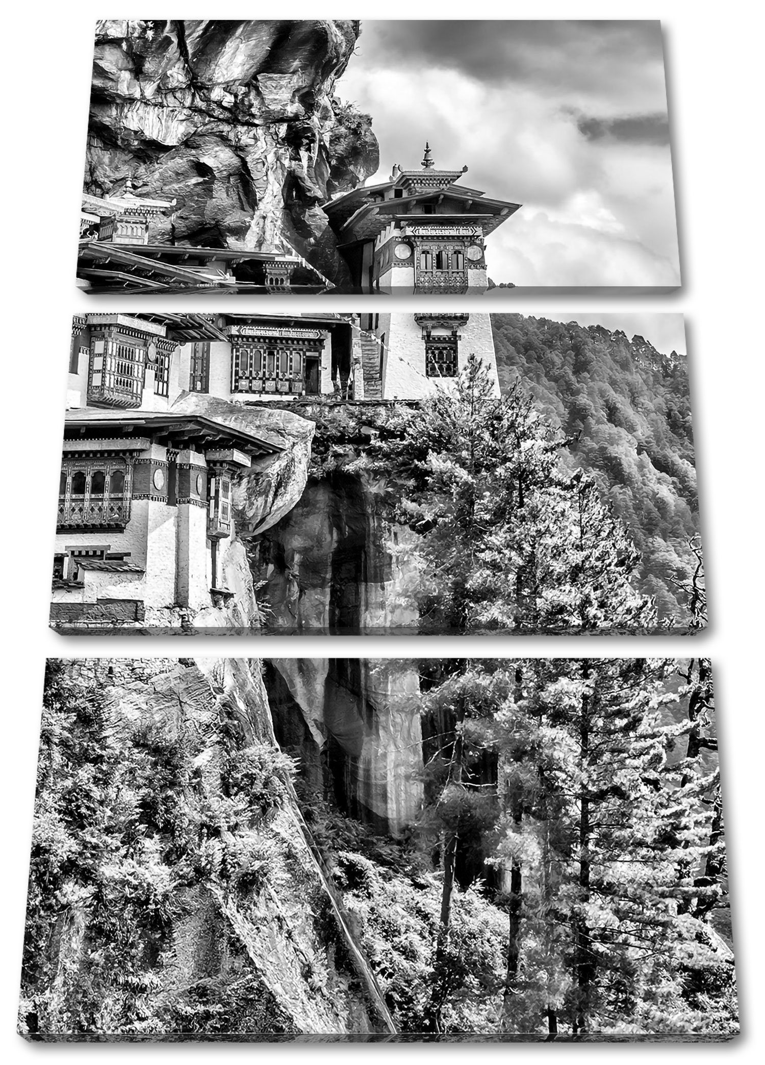 China Buddha fertig inkl. St), Pixxprint Tempel bespannt, 3Teiler Zackenaufhänger Tempel in Leinwandbild (1 China, (120x80cm) Leinwandbild Buddha in
