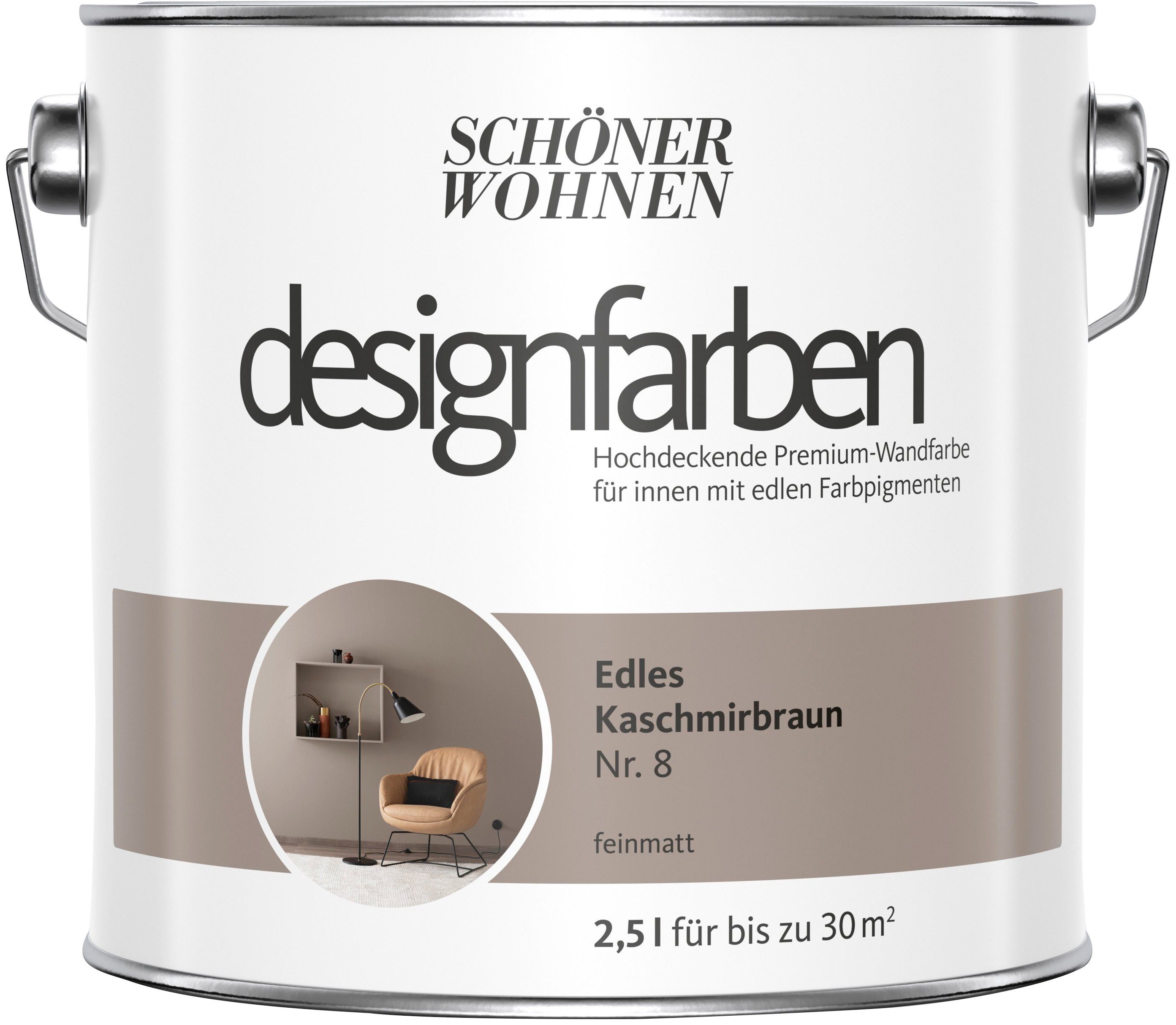 Deckenfarbe Kaschmirbraun Premium-Wandfarbe und Liter, WOHNEN Edles Wand- 8, SCHÖNER FARBE Designfarben, 2,5 Nr. hochdeckende
