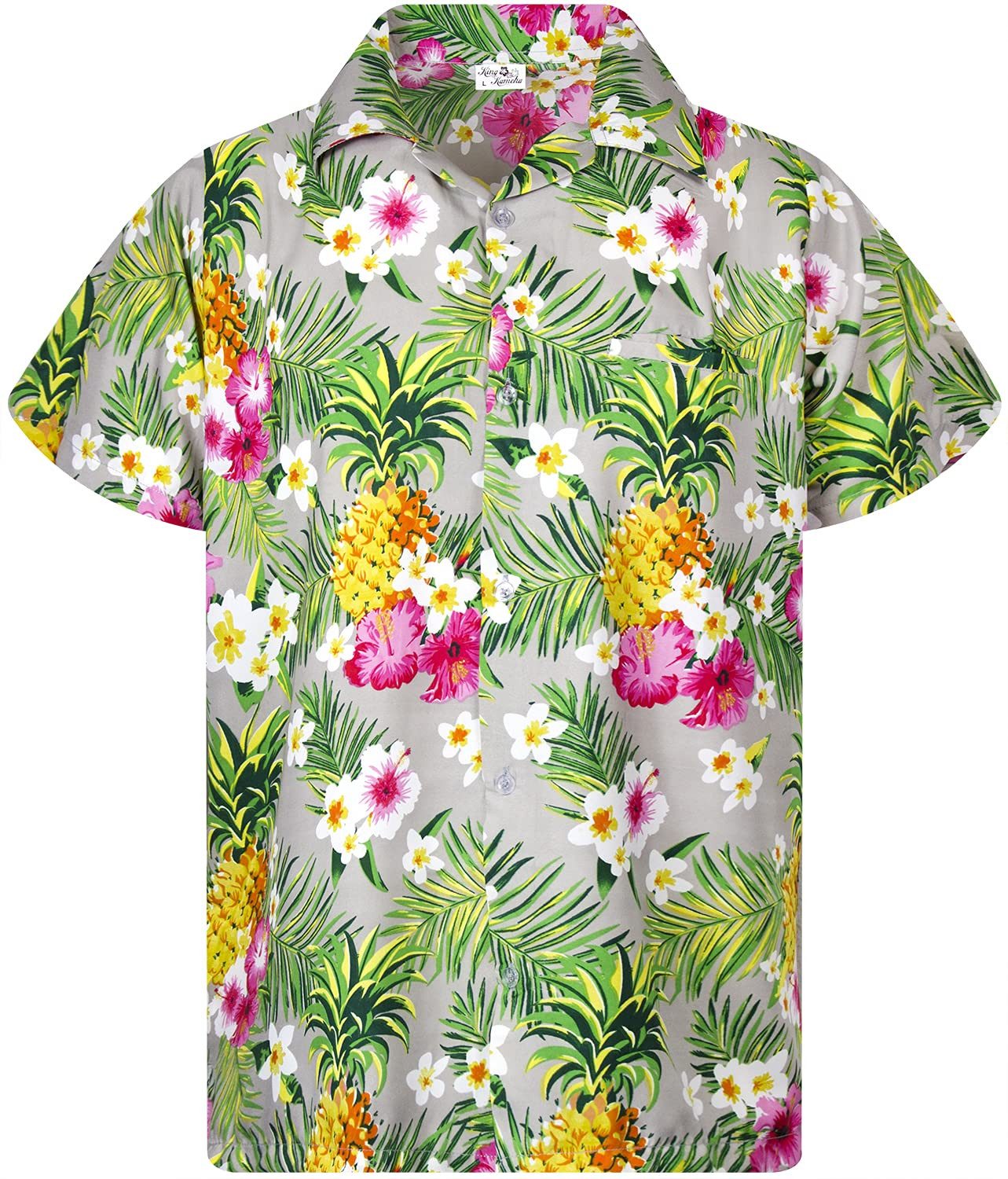 King Kameha Hawaiihemd Pineapple Flowers Kids Funky Hawaii-Hemd Kinder Kurzarm Front-Tasche