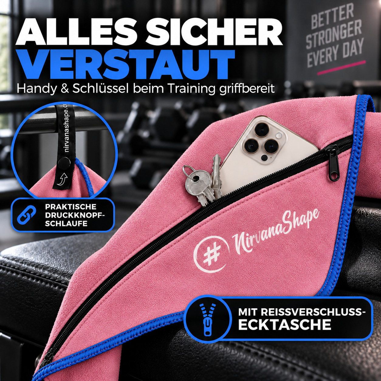 NirvanaShape Sporthandtuch NirvanaShape Mikrofaser Fitnesshandtuch mit Ecktasche und Knöpfen, saugfähig, leicht, schnelltrocknend, für Reisen, Fitness, Yoga, Sa – Bild 3 von 5