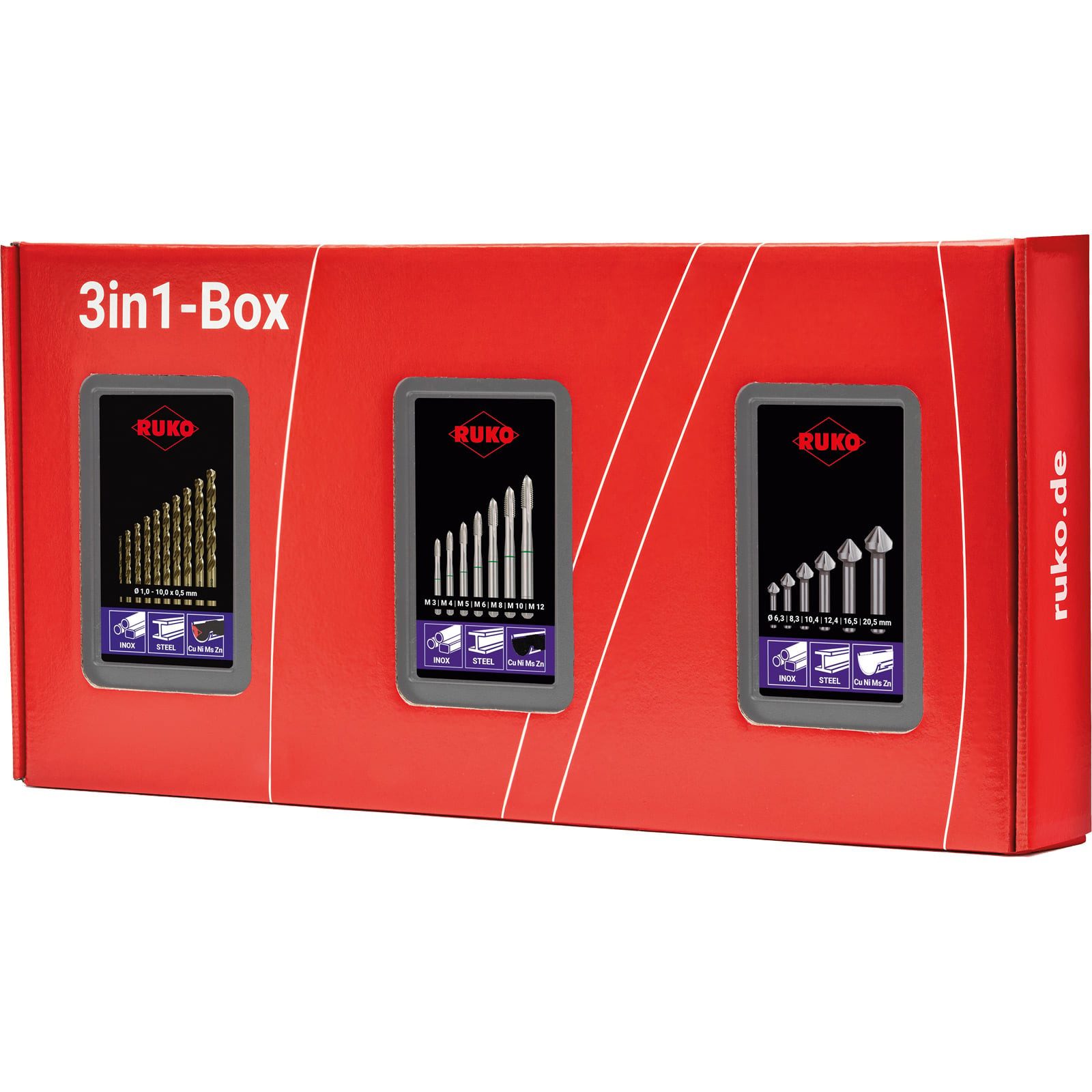 Ruko Bohrer- und Bitset RUKO 3in1-Box HSS-Co 5 - Bohren, schneiden, senken - Komplettset für G