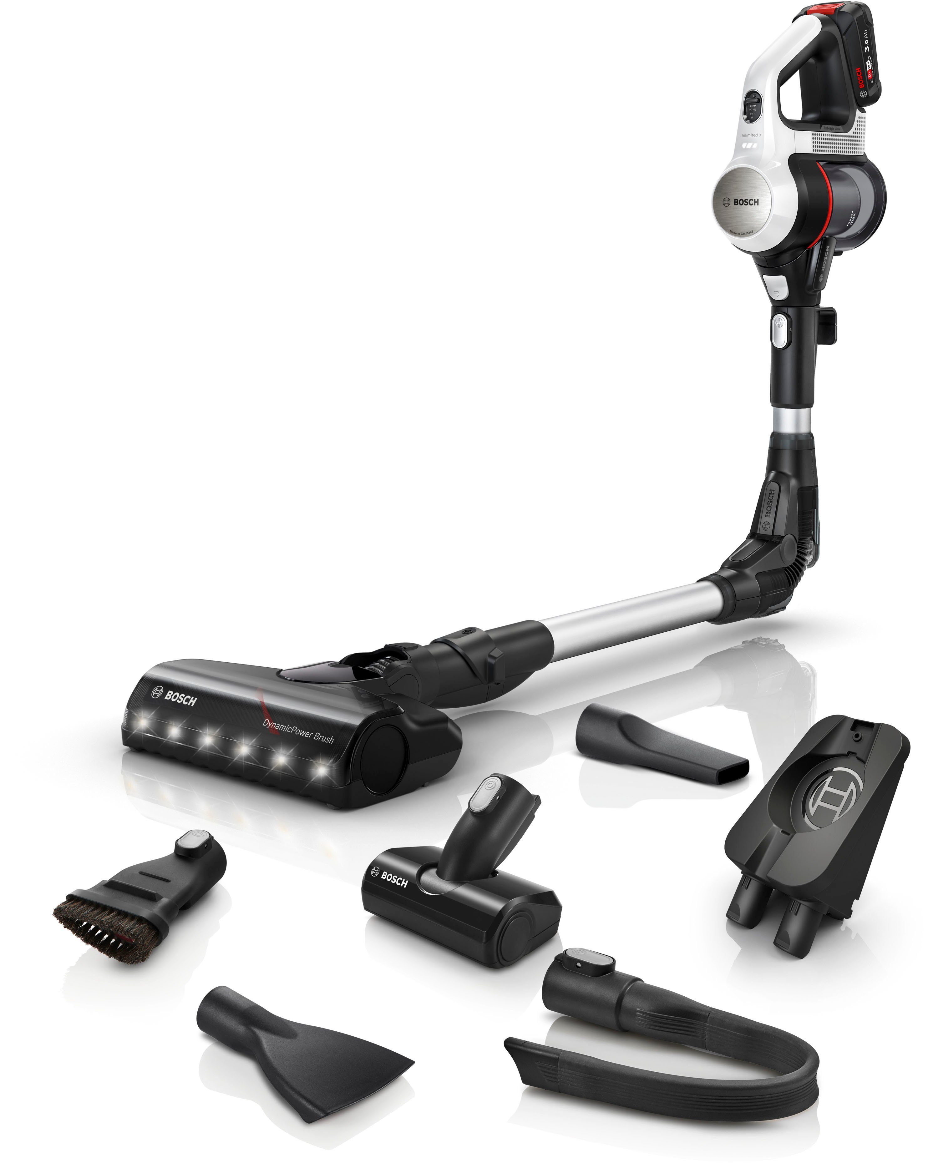 BOSCH Akku-Stielstaubsauger Unlimited 7 BKS711MTB, Knickrohr, Hygiene-Filter, 10 J. Motorgarantie, beutellos, LED-Licht, hohe Saugkraft, lange Laufzeit, mini Turbodüse, weiß