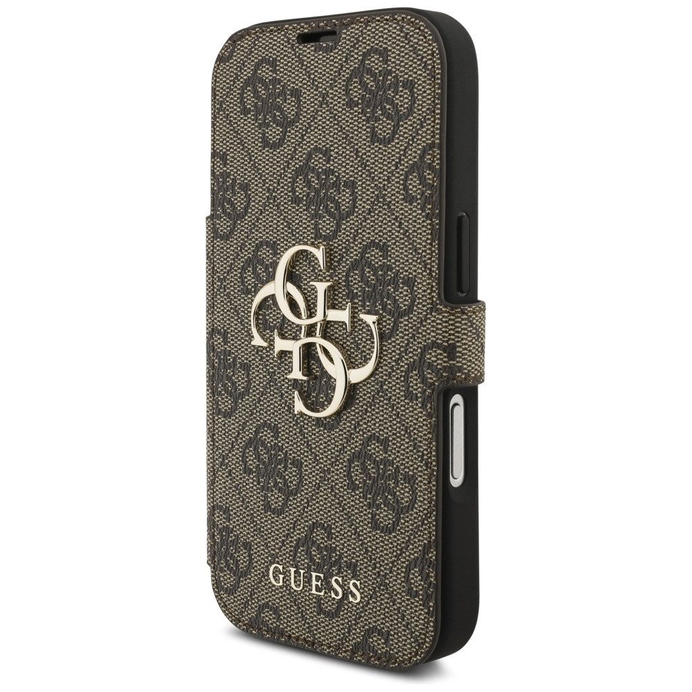 Guess Handyhülle Bookcase iPhone 17 Pro braun Logo goldfarben aufstellbar 6,3 Zoll, Kantenschutz