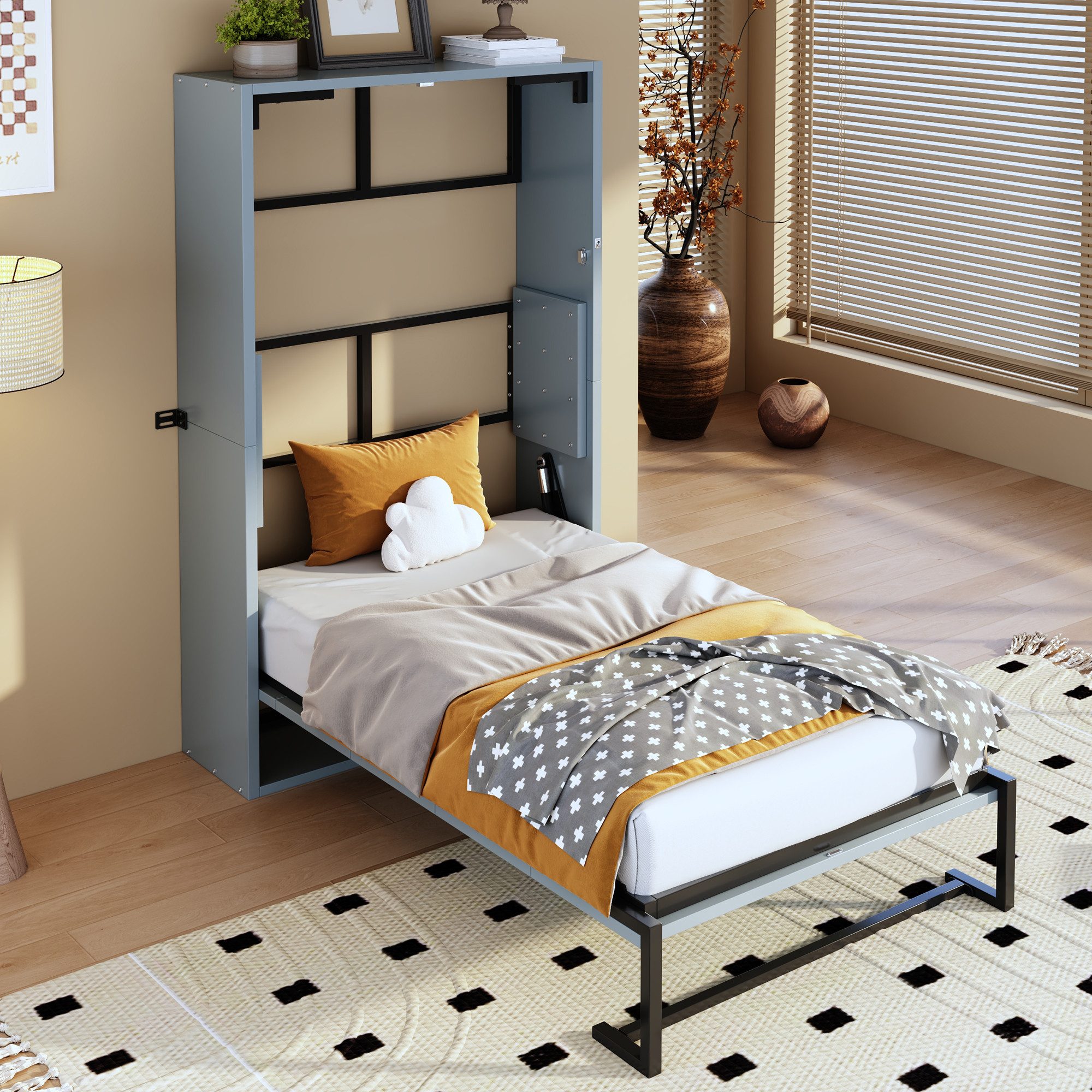 Klappbett für kleine räume Holzbett 90×200 mit verriegelbarer Wandbefestigung