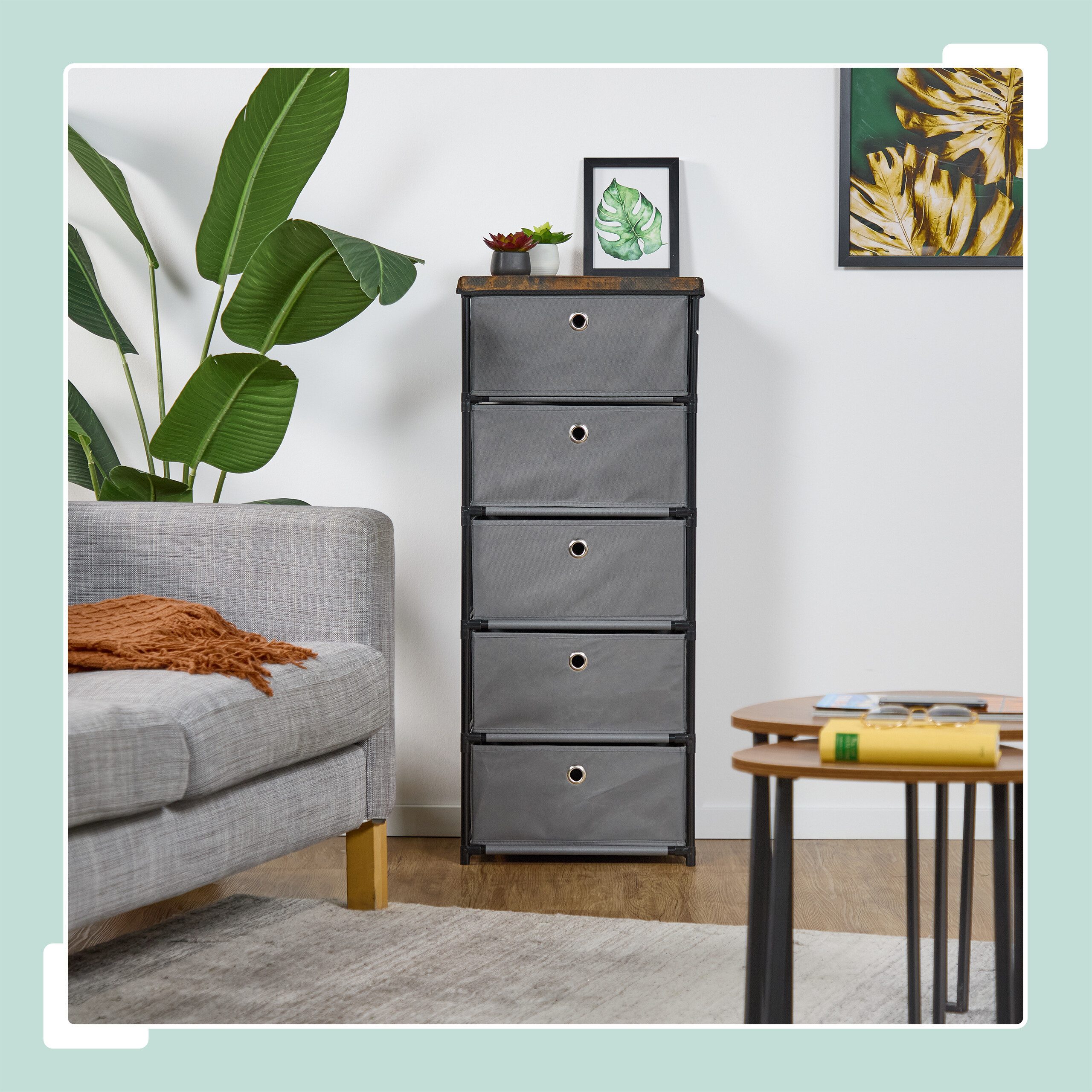 relaxdays Kommode Holzoptik mit Stoffschublade, grau, 5 Fächer